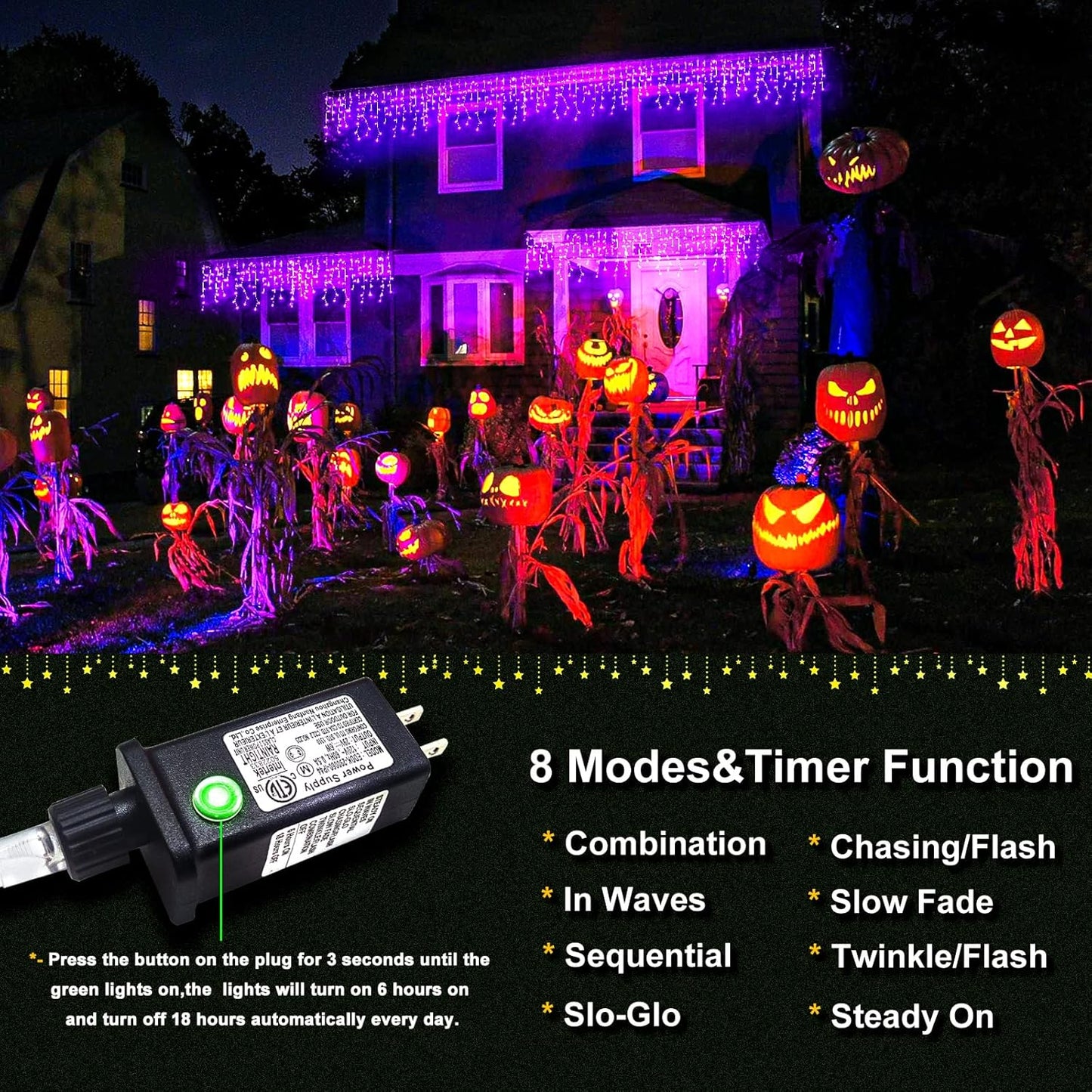 640 LED Halloween Lights Outdoor - 66ft Icicle Lights for Outside 8 Modes with 120 Drops, Waterproof Christmas Icicle Light Plug in for Indoor Outside Party Holiday Christmas Halloween Decorations
