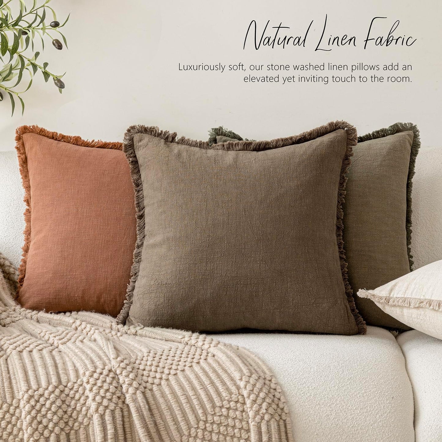 Foindtower Set of 2 Decorative Linen Fringe Throw Pillow Covers Cozy Boho Farmhouse Cushion Cover with Tassels Soft Accent Pillowcase for Couch Sofa Bed Living Room Home Decor, 24×24 Inch, Light Brown