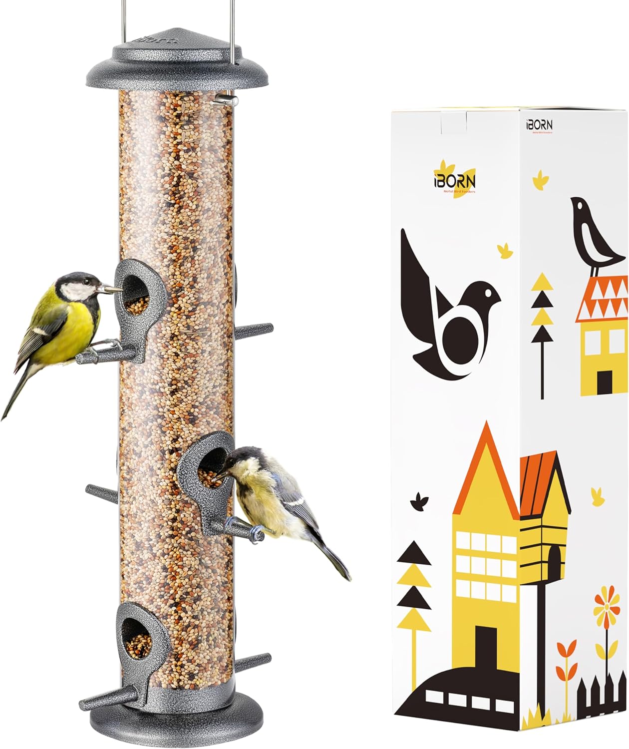 iBorn Metal Bird Feeder Hanging Wild Bird Seed Feeder for Mix Seed Blends Heavy Duty All Metal Silver Finish,14 Inch 6 Port(Seed is not Included)
