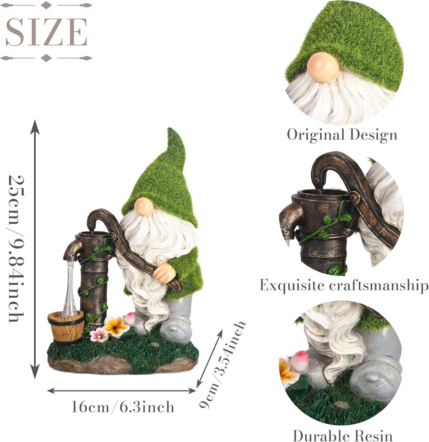 TERESA'S COLLECTIONS Garden Gnomes Decor with Solar Lights, Fathers Gifts, Green Outdoor Resin Decorations for Porch Patio, Gnome Ornaments for Dad and Mom，9"