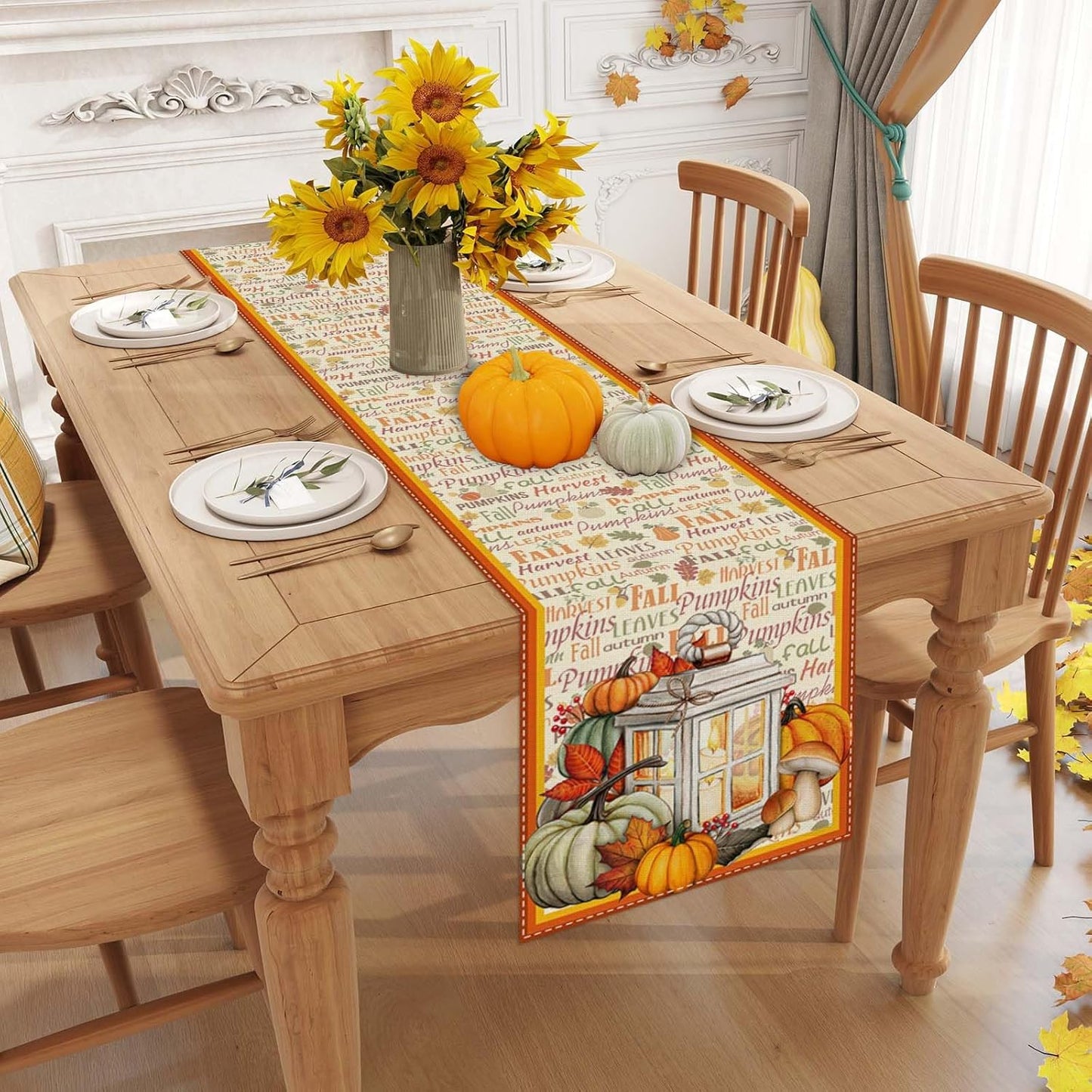 Linen Fall Table Runner - 90 Inch Farmhouse Fall Leaves Pumpkin Decor for Autumn Thanksgiving Home Kitchen Dining Room