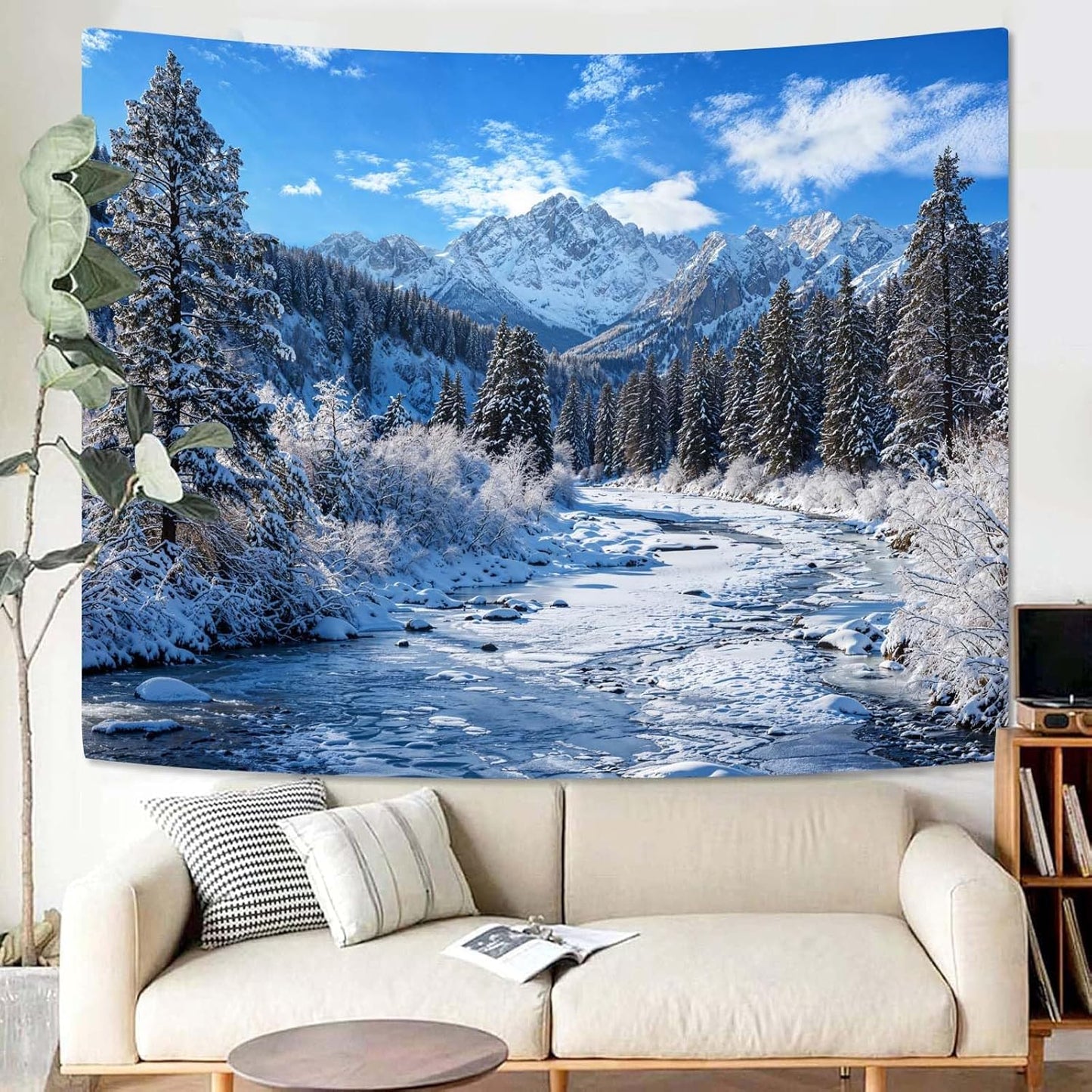 AMM Winter Forest Snow Mountain Tapestry Snowy Pine Tree Woodland Tapestry for Bedroom Aesthetic White Clouds Flowing River Landscape Tapestries Wall Hanging for Living Room Dorm Office 48 x 36 Inch