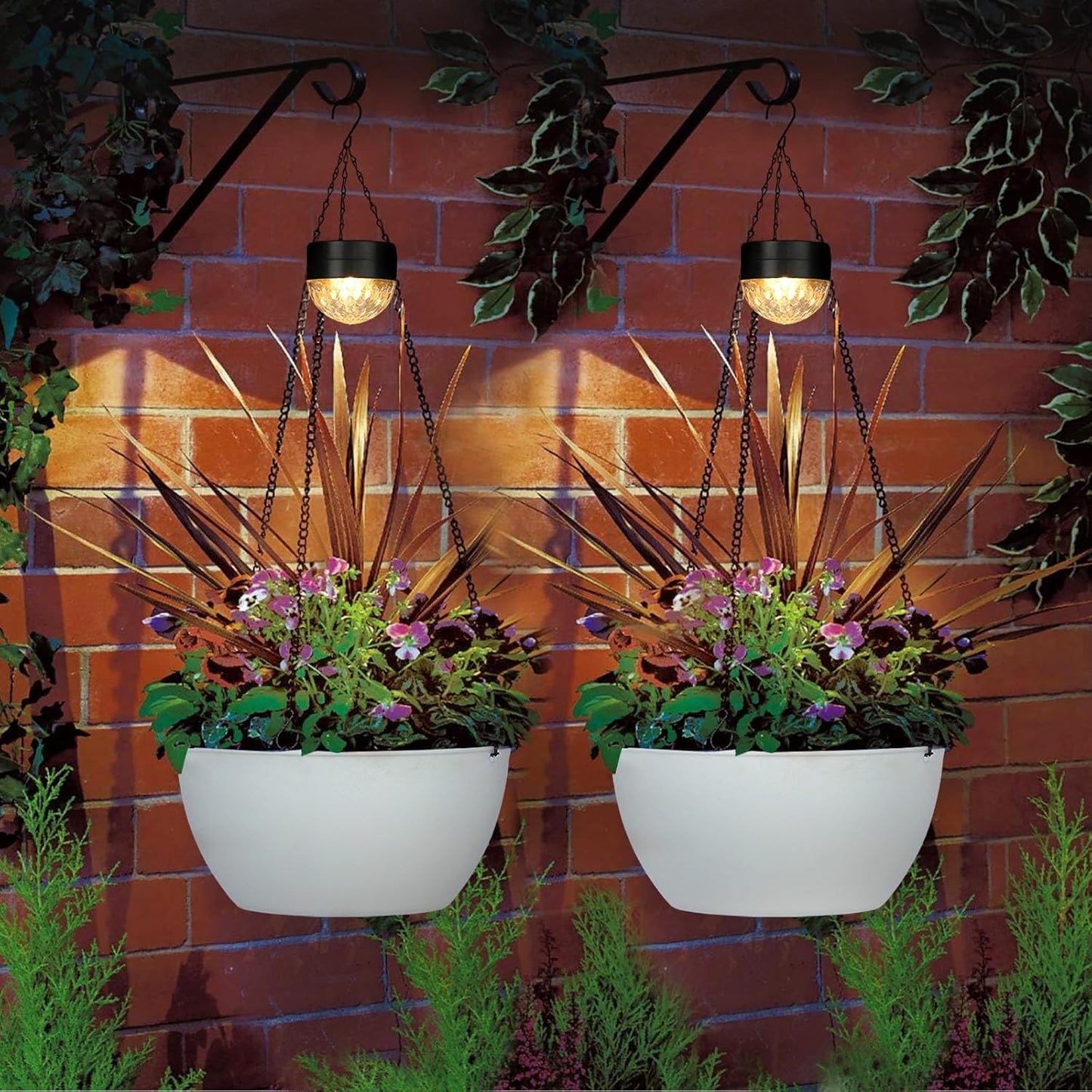 2 Packs Hanging Planters Basket for Outdoor Plants, Solar Powered Self Watering White Round Plastic Flower Pots with Drainer for Balcony Patio Garden Outdoor Decoration