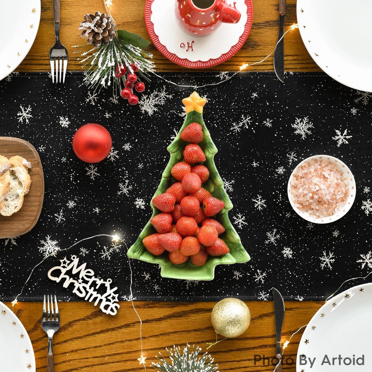 Artoid Mode Snowman Birds Trees Christmas Table Runner, Seasonal Black Winter Holiday Kitchen Dining Table Decoration for Home Party Decor 13 x 60 Inch