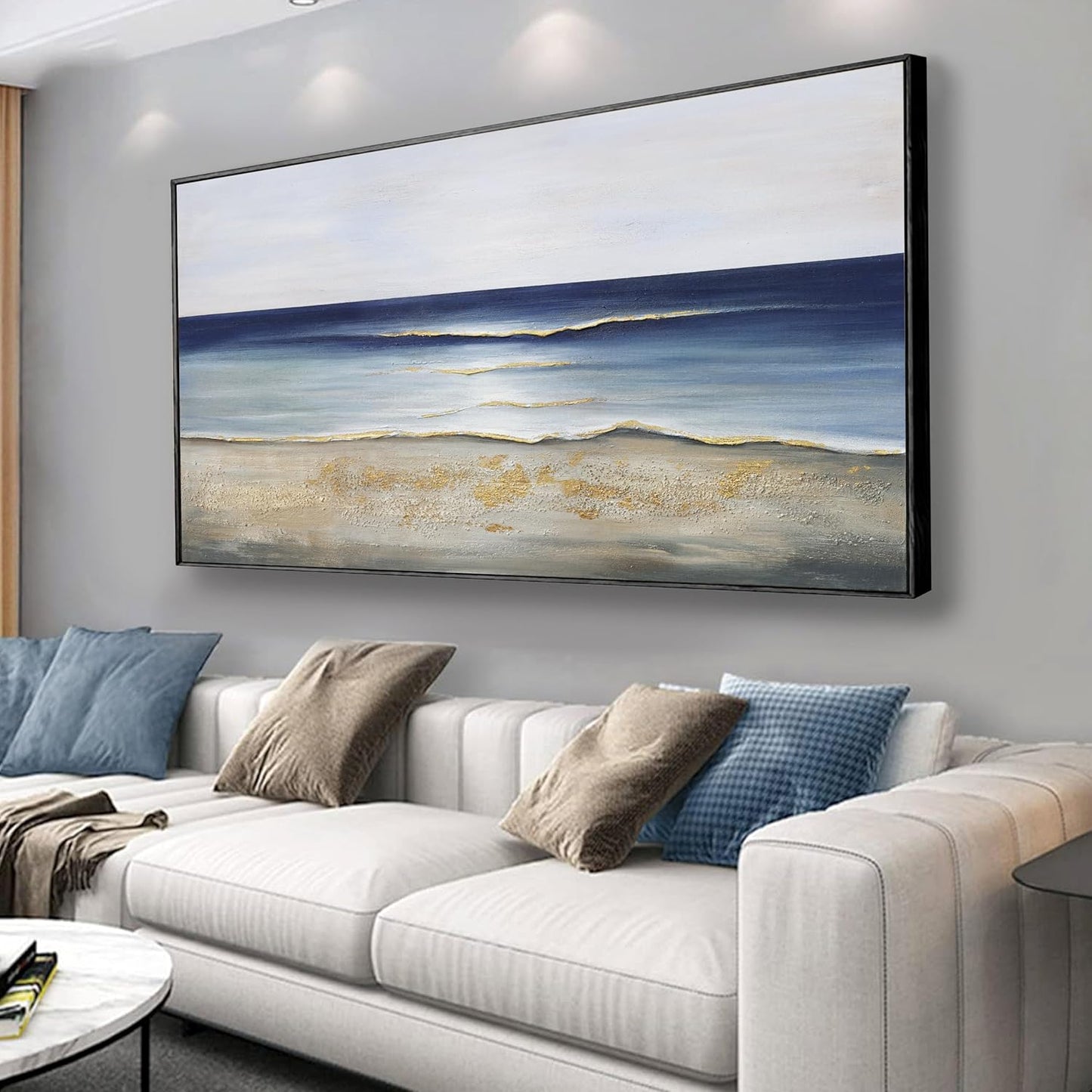 Yuaxker Ocean Wall Art Large Framed Wall Decor Blue and Gold Artwork Room Decor Aesthetic for Living Room Bedroom Dining Room Office Home Decor 30x60 Inch