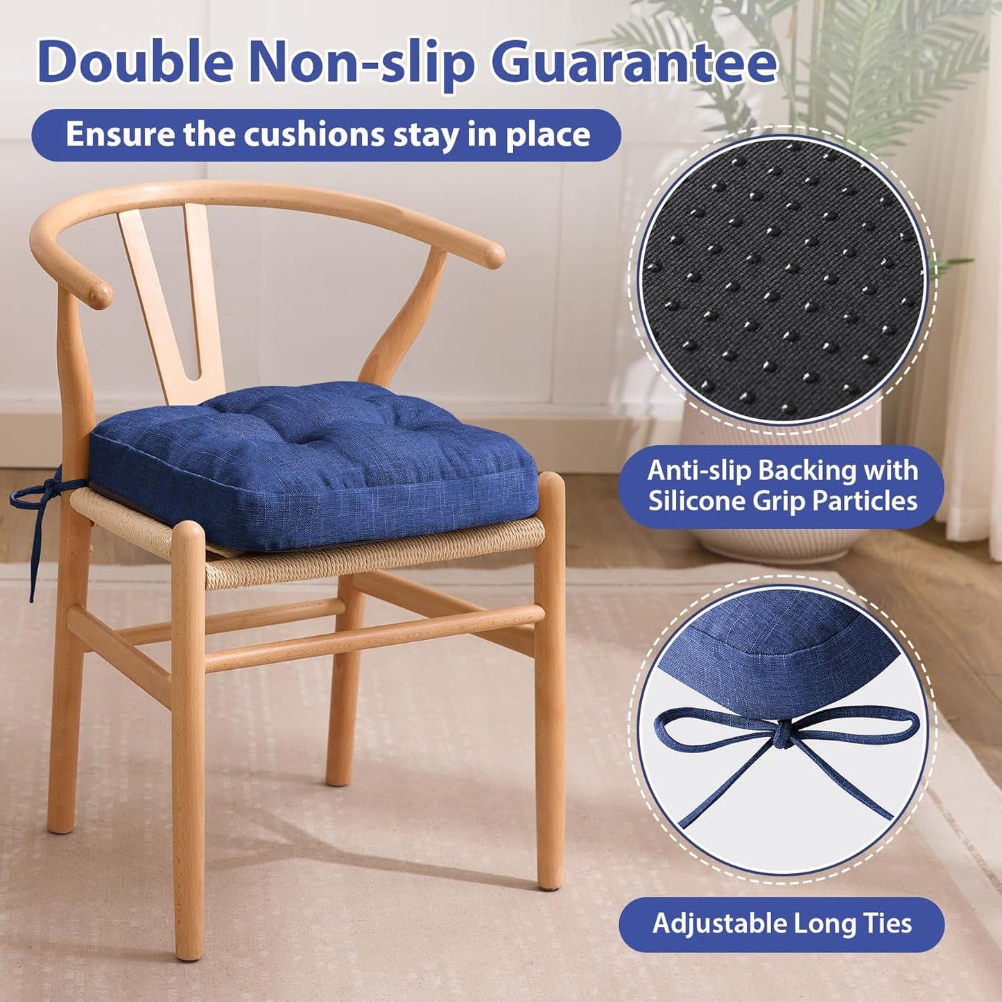 Chair Cushions, Dining Chair Cushions, Tufted Indoor Chair Pads, Set of 4, Navy Blue, 16.5'' x 16.5'' x 3.5''
