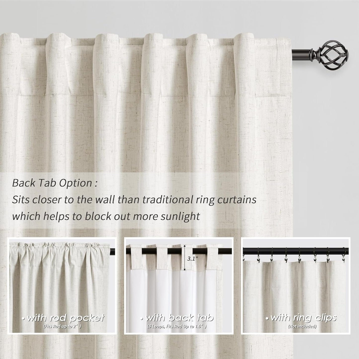 BOODII 63 Inch Blackout Curtains Cream Linen Black Out Curtains for Bedroom 2 Panels Set Neutral Room Darkening Curtain Natural Beige Thermal Insulated Curtain for Nursery Drapes Back Tab 52x63