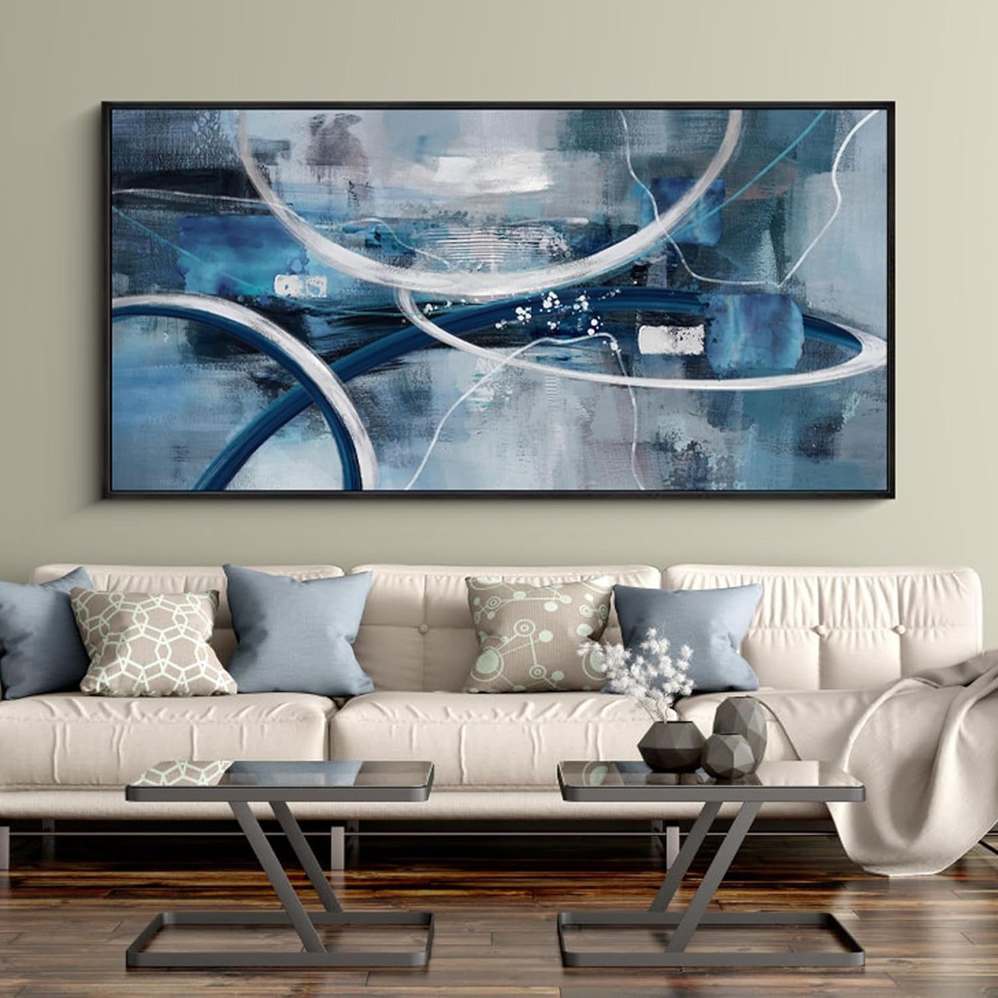 XLSJERST Large Abstract Canvas Wall Decor - Modern Living Room Wall Art Elegant Combination of Tones Black and White Gray Background Blue Gradient Picture Size 29x58