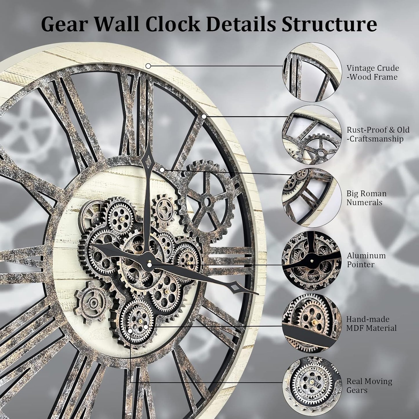 HOIBAI Large Wall Clock, Wall Clocks for Living Room Decor 30 Inch Farmhouse Vintage Rustic Kitchen Wall Decor Vintage Roman Oversized Wall Clock for Home Bedroom House, Moving Gears Clock