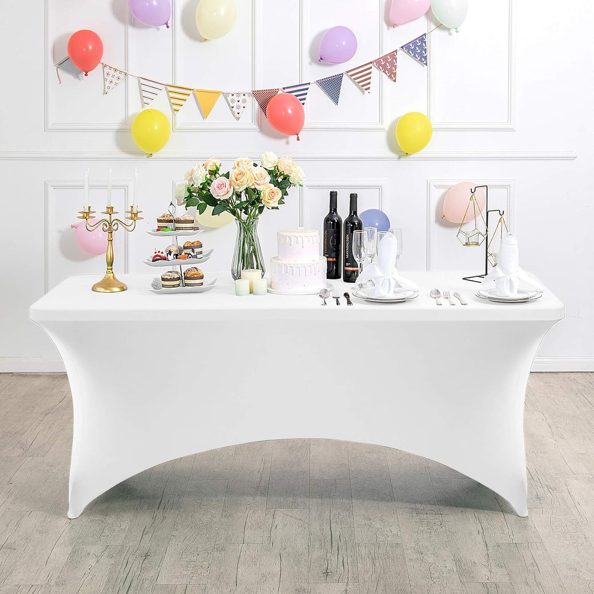 2Pack Spandex Table Cover for 4FT or 6ft or 8ft Table Universal Fitted Stretch Tablecloth for Party, Banquet, Wedding and Events-White