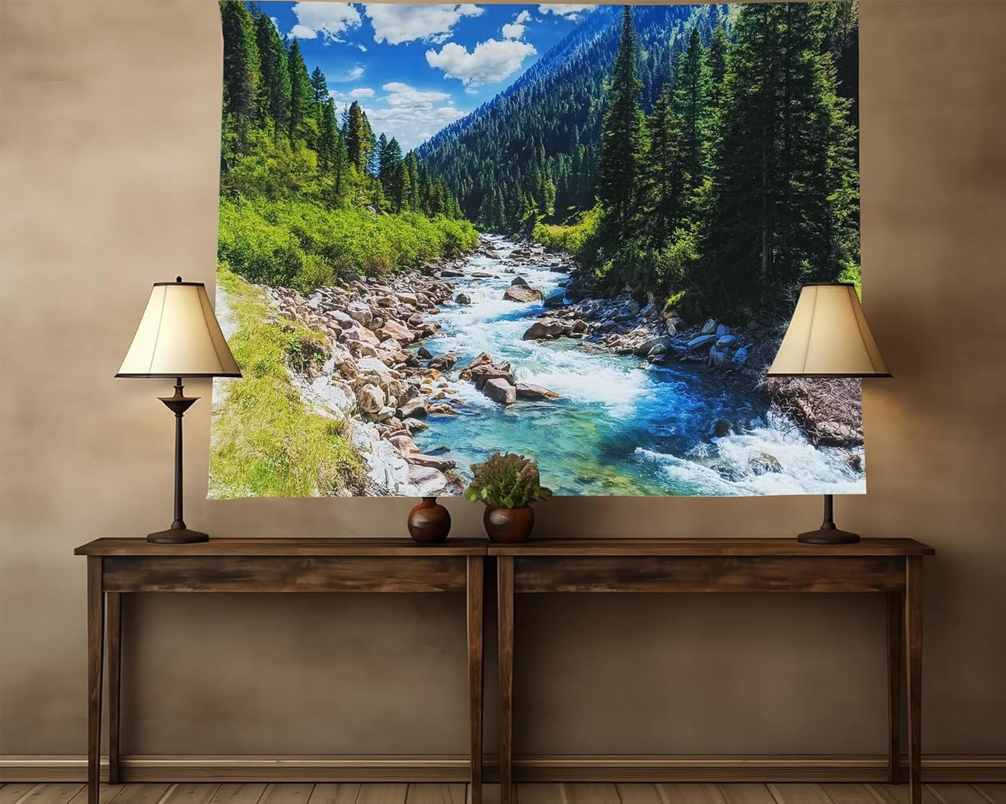 Nature Forest Mountain Tapestry Green Pine Tree Stream Tapestry White Clouds Flowing River Valley Landscape Scenery Tapestries Wall Hanging for Bedroom Dorm Living Room Office Classroom 80 x 60 Inch