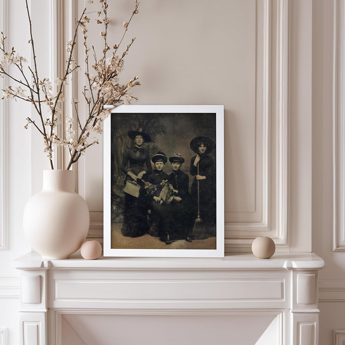 Poster Master Vintage Photograph Poster - Retro Halloween Print - Gift for Artist, Friend - Four Witches Wearing Robes, Sabbath, Coven, Sorcery - Wall Decor for Home, Office, 8x10 White Framed