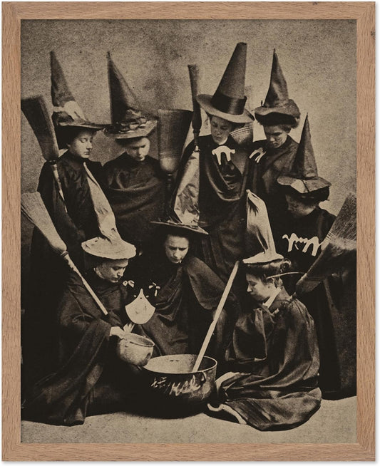 Poster Master Vintage Photograph Poster - Retro Halloween Print - Gift for Artist, Friend - Witches Cooking, Pointy Hats, Broomsticks, Black Magic - Wall Decor for Bedroom, 8x10 Beige Framed