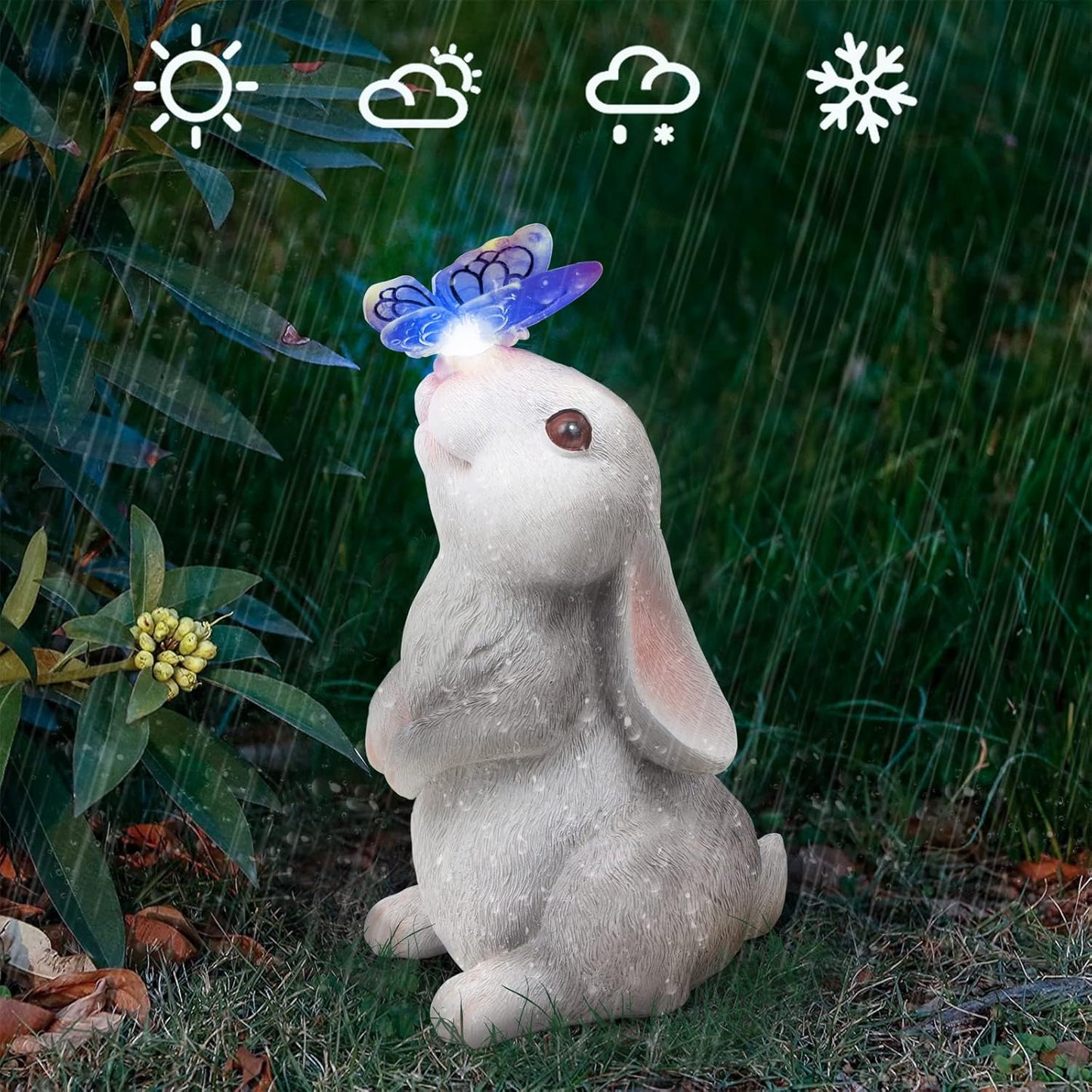 Garden Statue Outdoor Decor-Rabbit with Solar Butterfly Changing Lights Garden Statues,Bunny Statue for Patio,Balcony,Yard,Lawn Ornament,Gardening Gifts for Mom Grandma