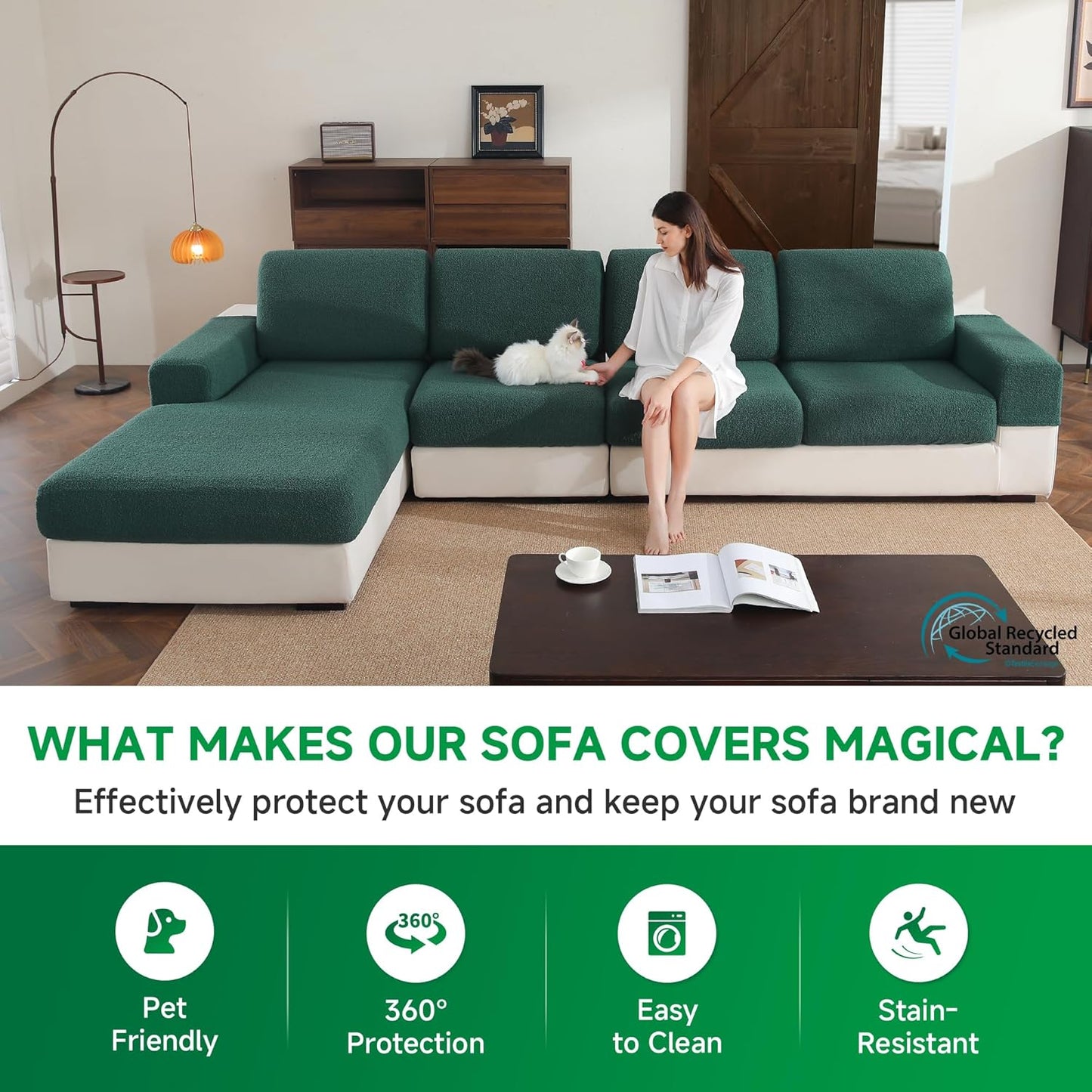 Couch Cushion Covers for Sectional Sofa, Stretch Soft Sofa Slipcovers Washable Wear-Resistant Universal Furniture Protector for Living Room(2 Seaters Covers, Green)