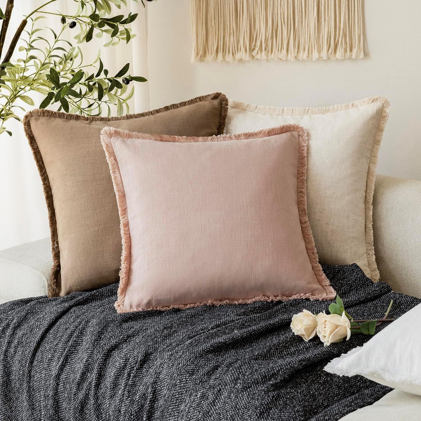 Foindtower Set of 2 Decorative Linen Fringe Throw Pillow Covers Boho Farmhouse Cushion Cover with Tassels Soft Accent Pillowcase for Couch Chair Sofa Bed Living Room Home Decor,16×16 Inch,Light Pink