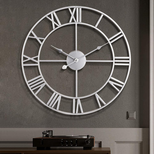 Wall Clock For Living Room Decor - 24 Inch Silent Non-Ticking Decorative Large Wall Clock, Battery Operated Vintage Retro Roman Numerals Metal Silver Wall Clock for Farmhouse, Kitchen, Bedroom Office