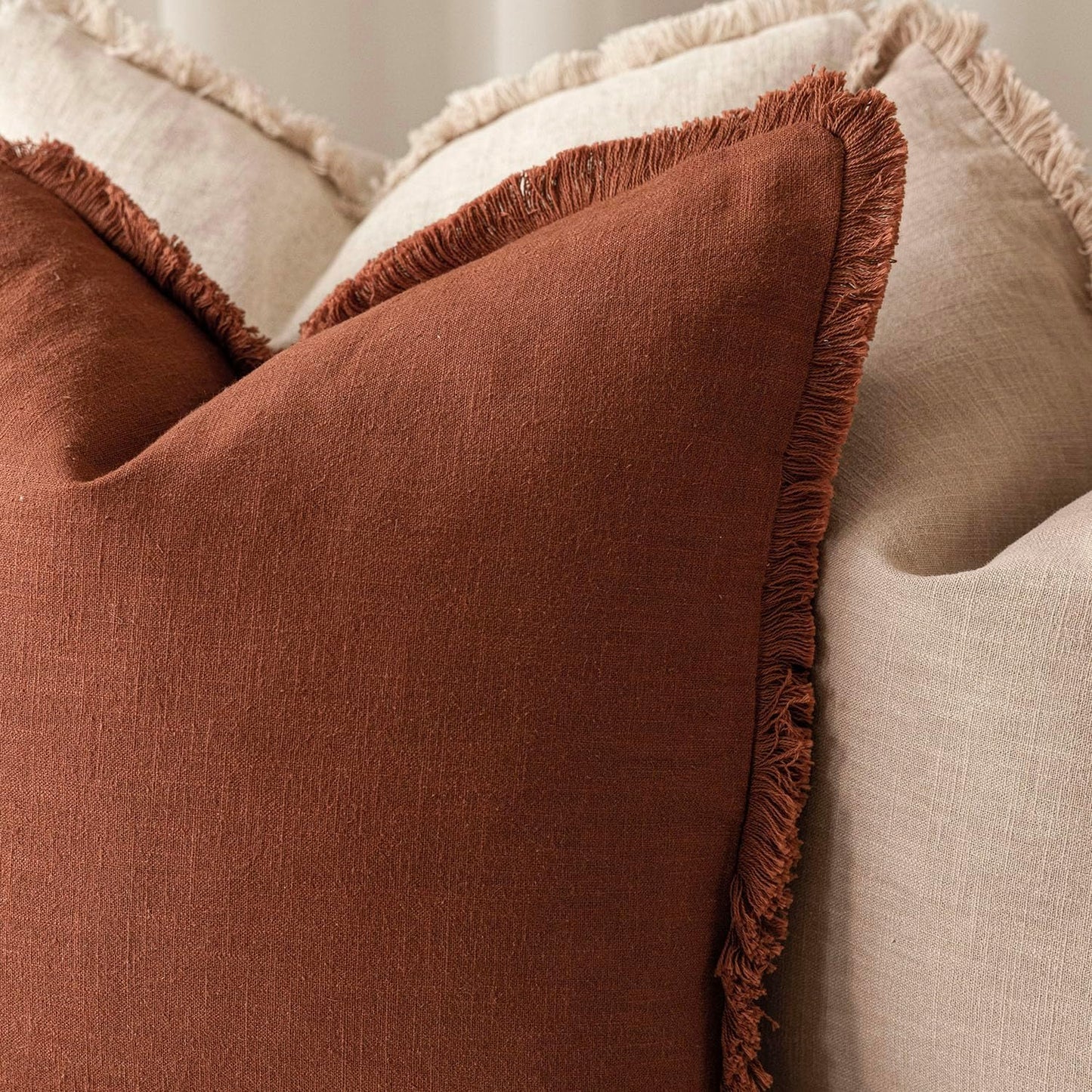 Foindtower Set of 2 Decorative Linen Fringe Throw Pillow Covers Farmhouse Cushion Cover with Tassels Soft Accent Pillowcase for Couch Chair Sofa Bed Living Room Home Decor,22×22 Inch,Fall Rust Orange