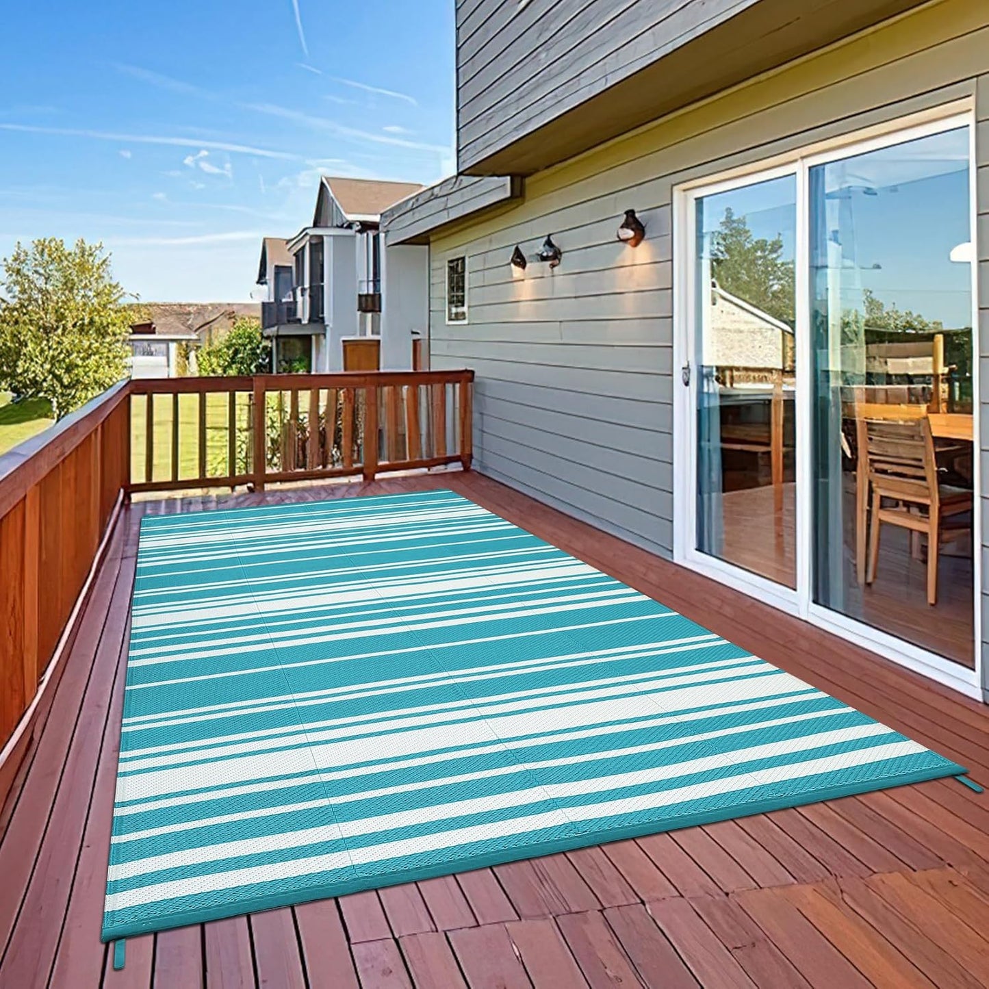 Waterproof Outdoor Rug 8x10 Contemporary Reversible Plastic Straw Rug, Easy Cleaning Striped Patio Carpet, UV-Resistant Indoor Outdoor Floor Cover for RV, Porch, Deck, Backyard, Light Blue