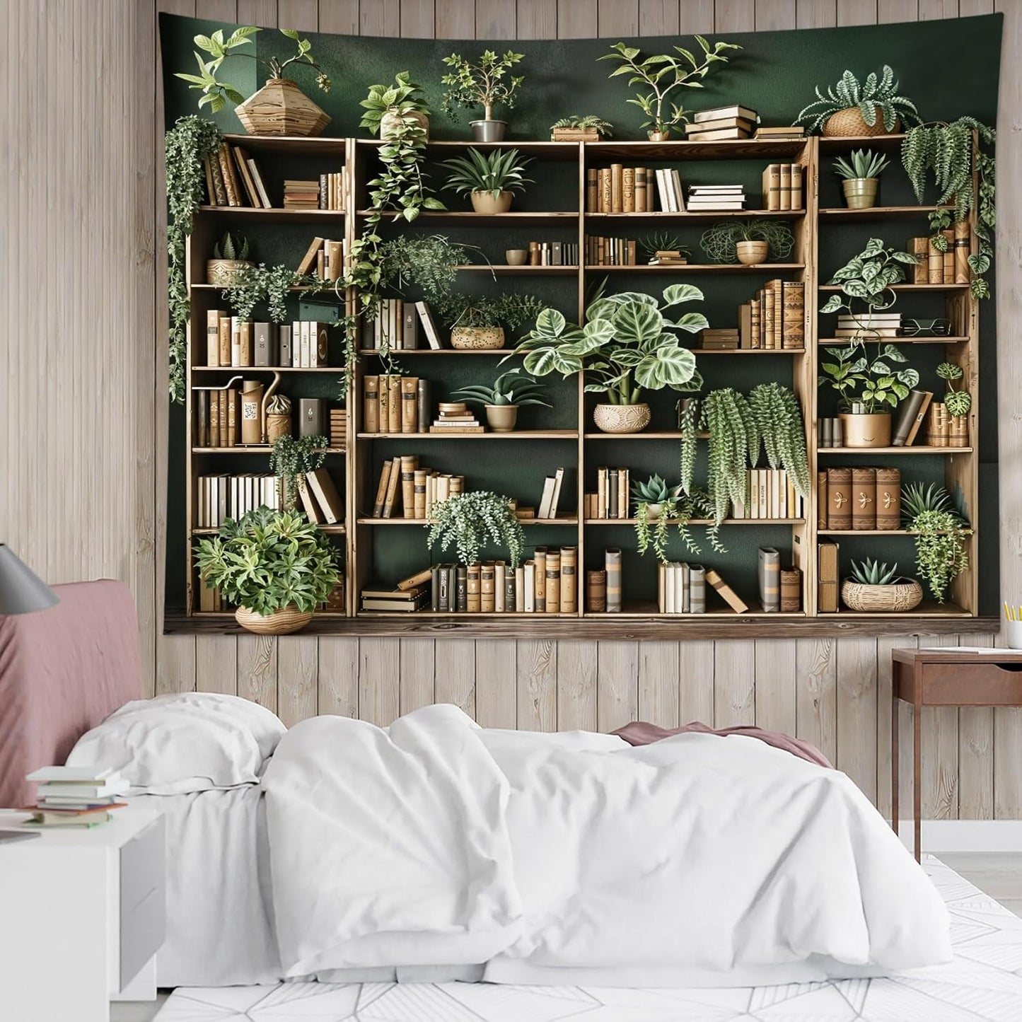 HVEST Green Plant Bookshelf Tapestry Book on Bookshelf and Plant Potted Tapestry Wall Hanging Reading Wall Decor for Study Room Bedroom Living Room College Dorm, 70.9L x 92.5W Inches