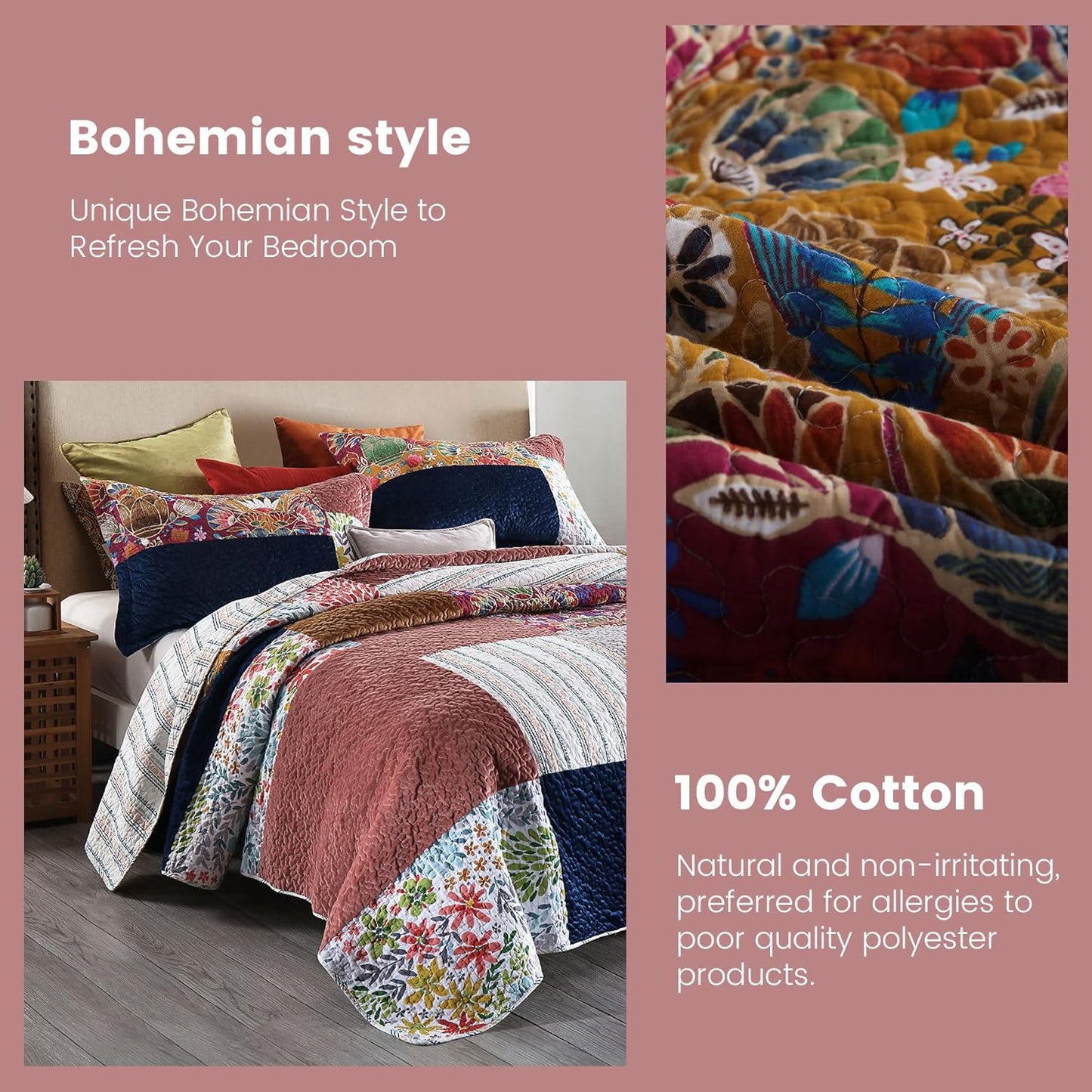 Secgo Queen Comforter Set for Bed - 100% Cotton Quilts Queen Size, Black Bedspreads (90 * 98 Inch) with 2 Pillow Shams, Patchwork Reversible Lightweight Bedding