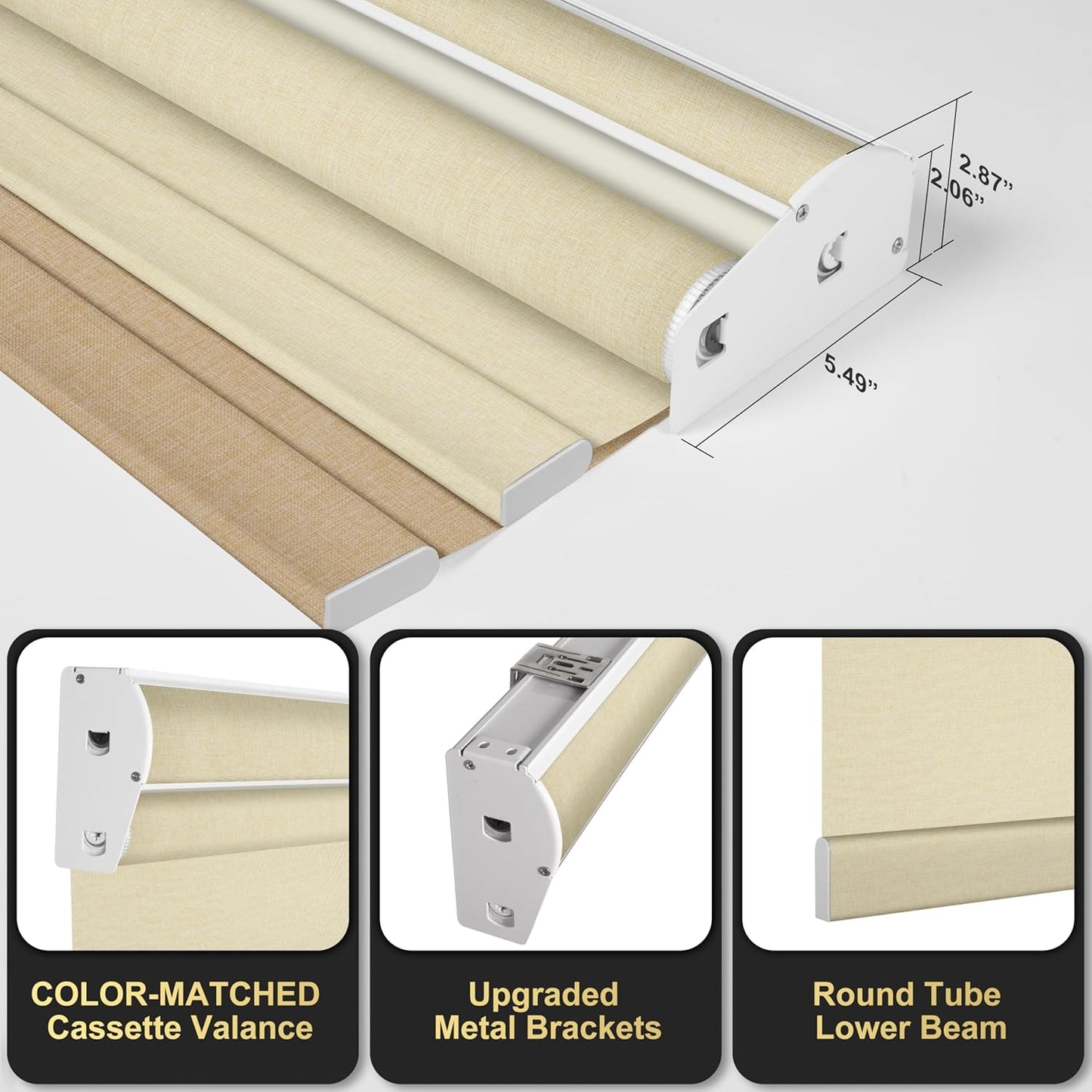BERISSA Dual Roller Shades with Cassette Valance - Double Blackout & Light Filtering Shades, Day & Night for Home Office Doors. Linen Beige. 40 W x 56" H