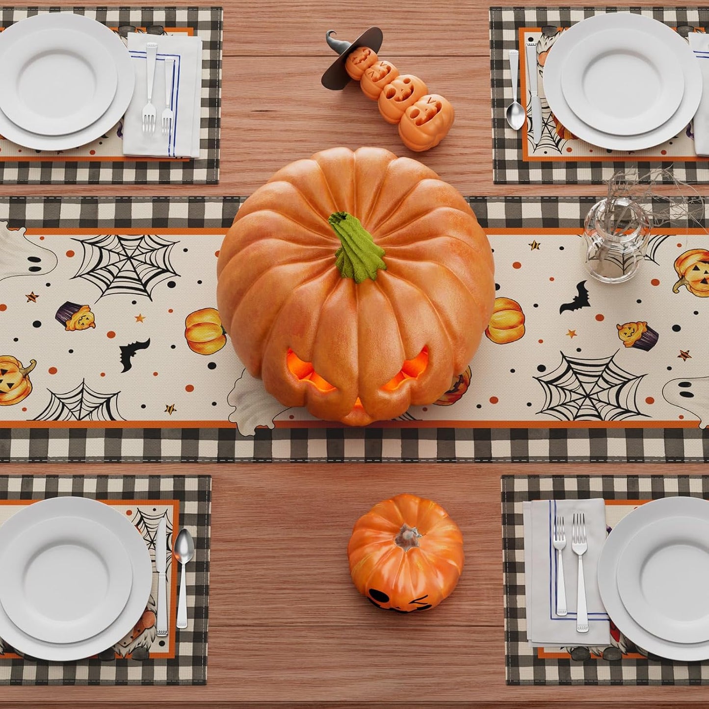 XCHI Spooky Boo Plaid Gnome Halloween Table Runner Party Table Decoration for Home Kitchen Dining Holiday Decor 13x120 Inch
