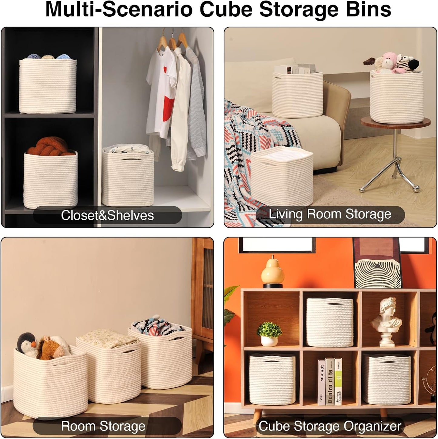 11 Inch Cube Storage Bins, Organizer Bins, Woven Cotton Rope Baskets for Storage, Storage Baskets for Organizing Shelves, White Basket for Toys, Off White (Pack of 3)