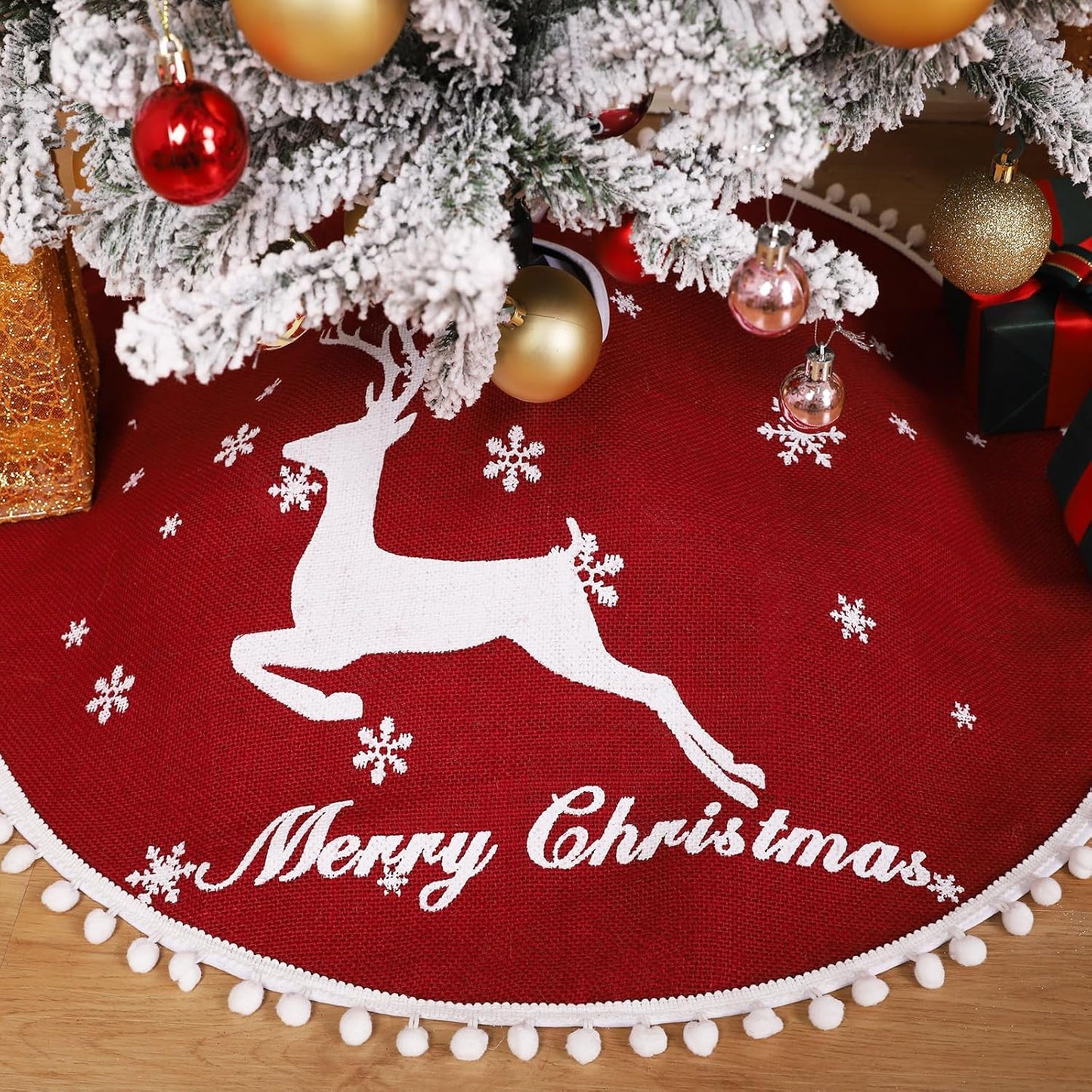 30 Inch Christmas Tree Skirt, Burlap Red Christmas Rustic Tree Skirt with Elk Deer and White Snowflake Printed for Holiday Party Xmas Tree Decoration