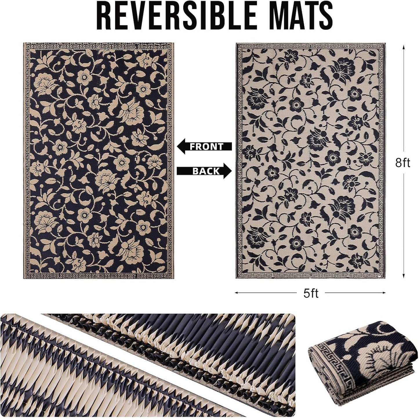OLANLY Waterproof Outdoor Rug 5x8 ft, Outdoor Plastic Straw Rug with Flower Pattern, Reversible RV Mat for Patio, Camping, Balcony, Deck, Backyard, Black & Beige