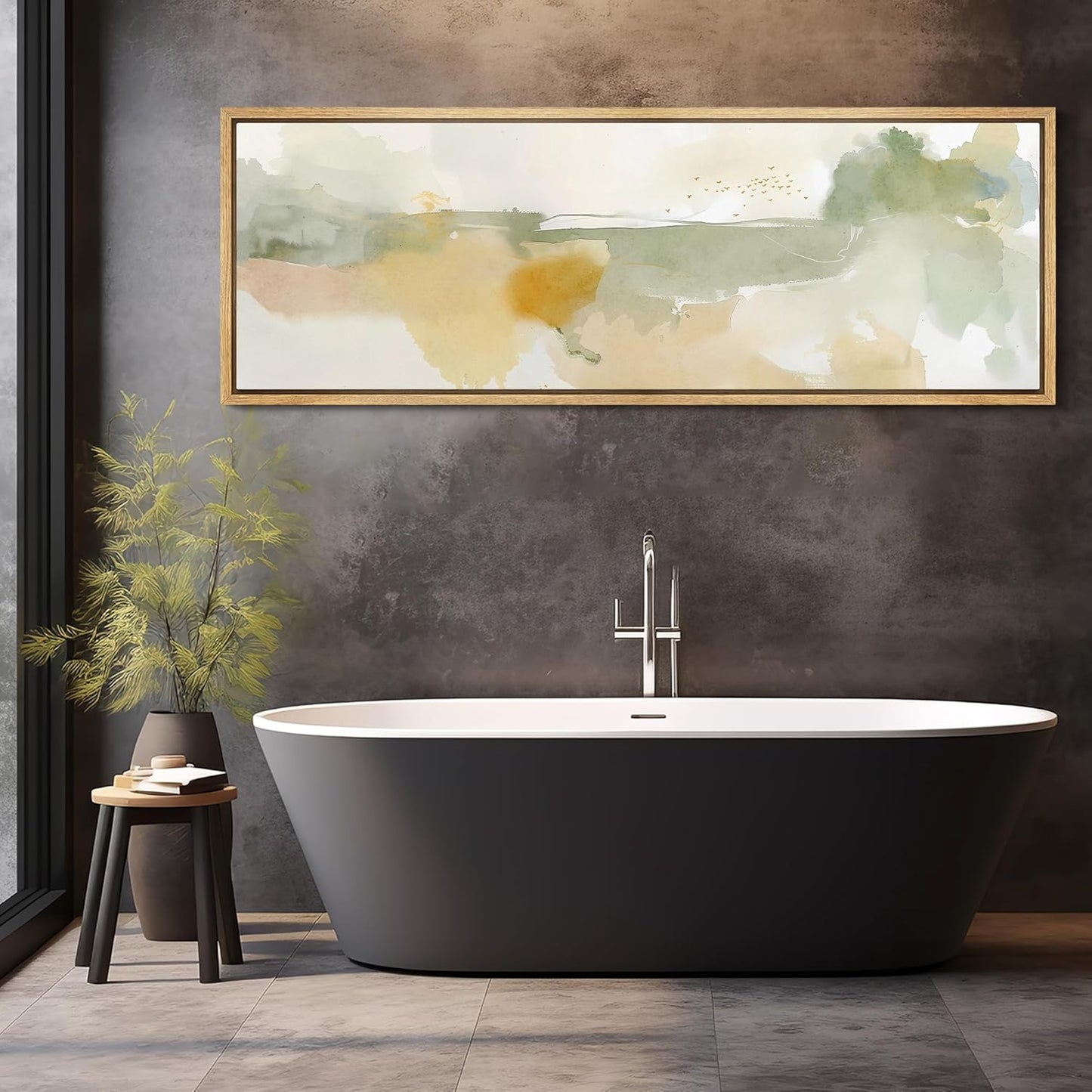 MUDECOR Large Framed Canvas Print Wall Art Serene Watercolor Landscape in Green and Yellow Tones Antique Retro Fine Art Illustrations Decorative Colorful for Bedroom - 60"x20"