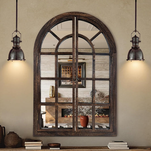 Arched Wall Mirror with Window Design, 38"x26" Rustic Farmhouse Wood Mirror for Wall Decor, Decorative Vintage Arch Mirror for Living Room, Bedroom, Entryway