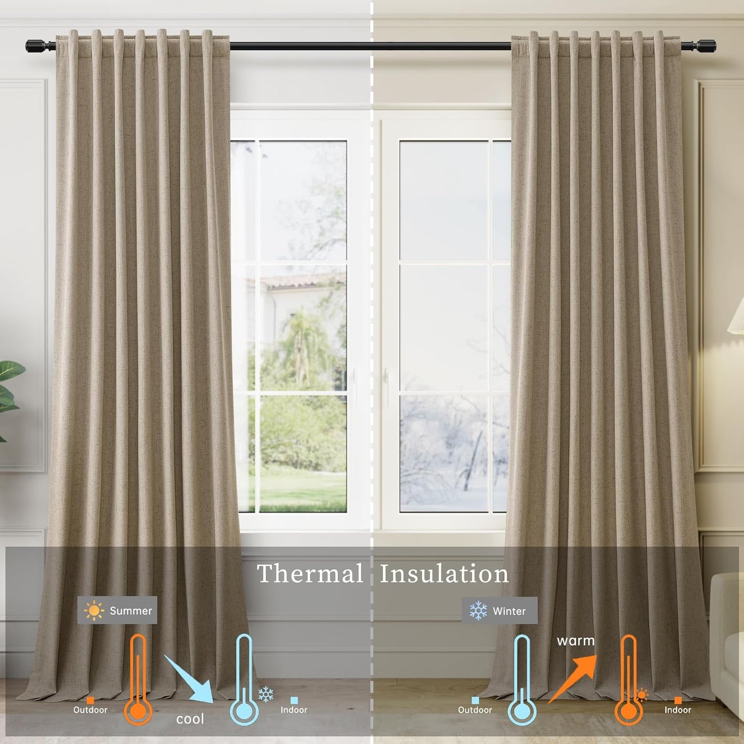 BOODII 100 Inch Blackout Curtains 2 Panels Set Back Tab Thermal Insulated Khaki Linen Textured Black Out Curtains Noise Reducing Neutral Living Room Darkening Window Drapes Pleated Look 52x100