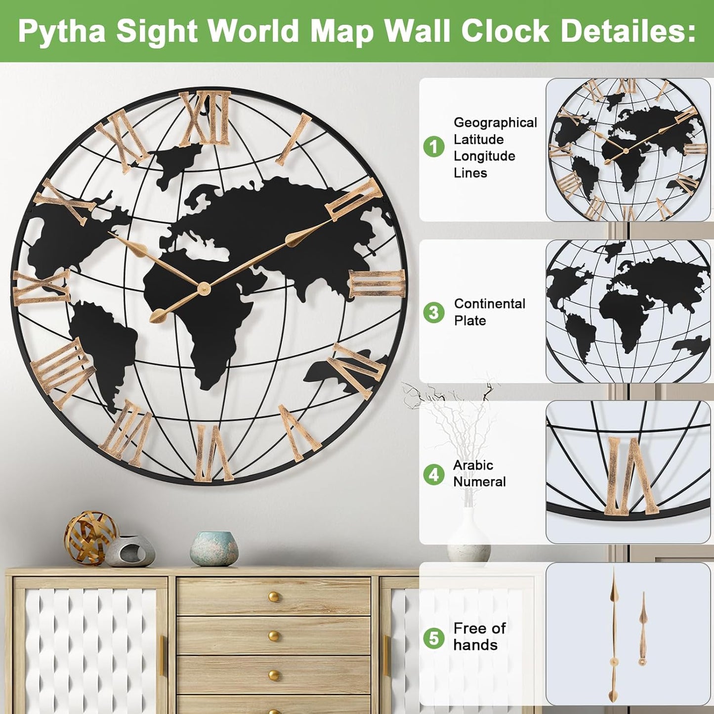 36 Inch Extra Giant Oversized Black Metal Wall Clock,Large Modern Decorative Silent World Map Wall Clock with Vintage Gold Roman Numeral for Living Room,Entrance Fireplace,Dining Room Decor