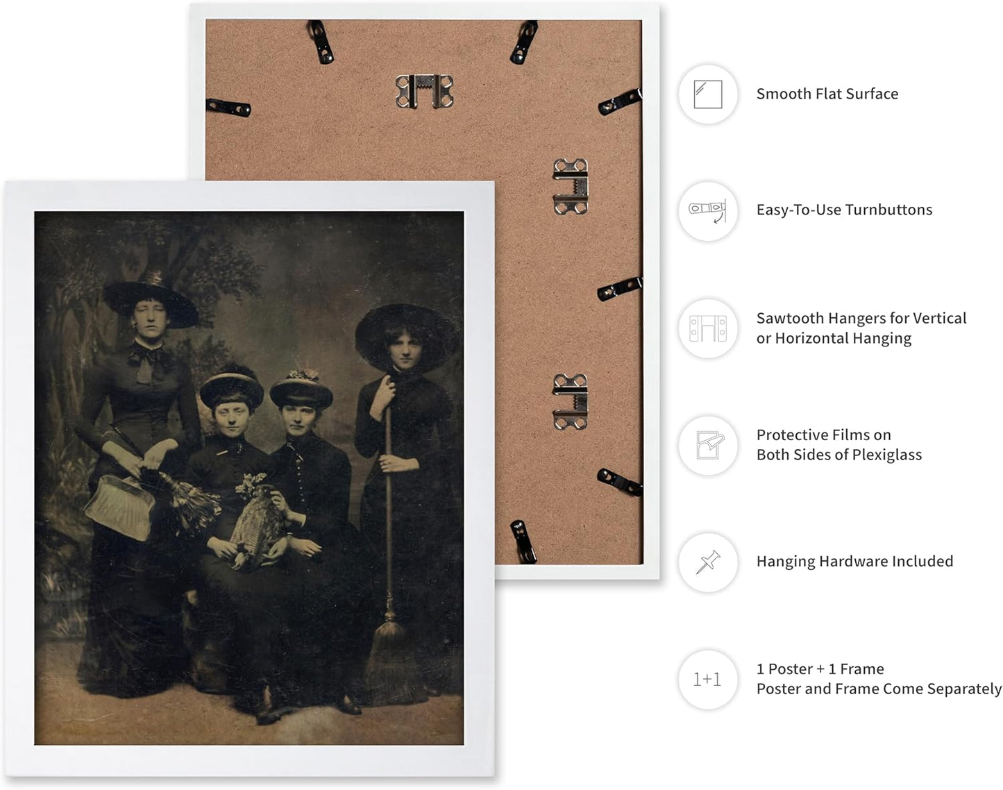 Poster Master Vintage Photograph Poster - Retro Halloween Print - Gift for Artist, Friend - Four Witches Wearing Robes, Sabbath, Coven, Sorcery - Wall Decor for Home, Office, 8x10 White Framed