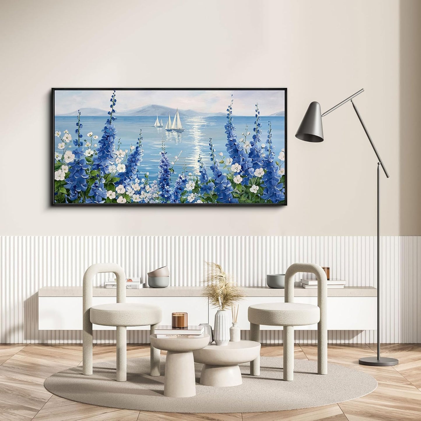 XLSJERST Sailboat Wall Art - Blue Canvas Abstract Painting Textured Picture Artwork Vintage Nautical Flower Painting Coastal Modern Print 20"x40" Frame for Living Room Bedroom Office Home Decoration