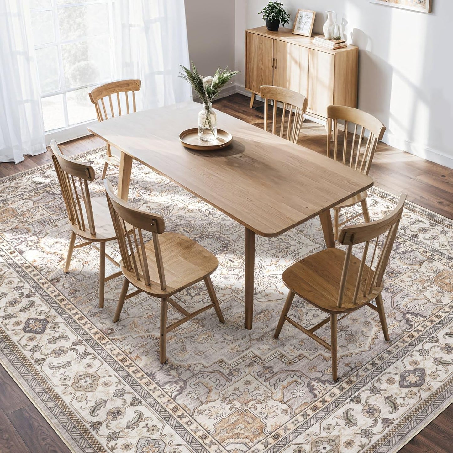 Washable Area Rugs for Living Room - 6x9 Neutral Vintage Distressed Floral Farmhouse Boho Large Soft Floor Rug Indoor Non Slip Carpet for Bedroom Dining Room Office - Grey Brown