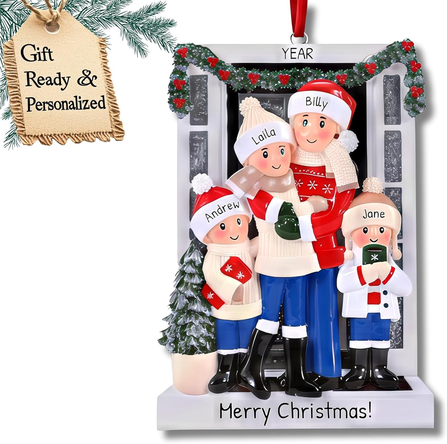 Personalized Family Christmas Ornaments 2025 | Custom Name & Year | 4 Person Cozy Winter Scene with Mom, Dad, 2 Kids by Tree | Customized Unique Ornament Keepsake Gifts to Personalize Xmas Decoration
