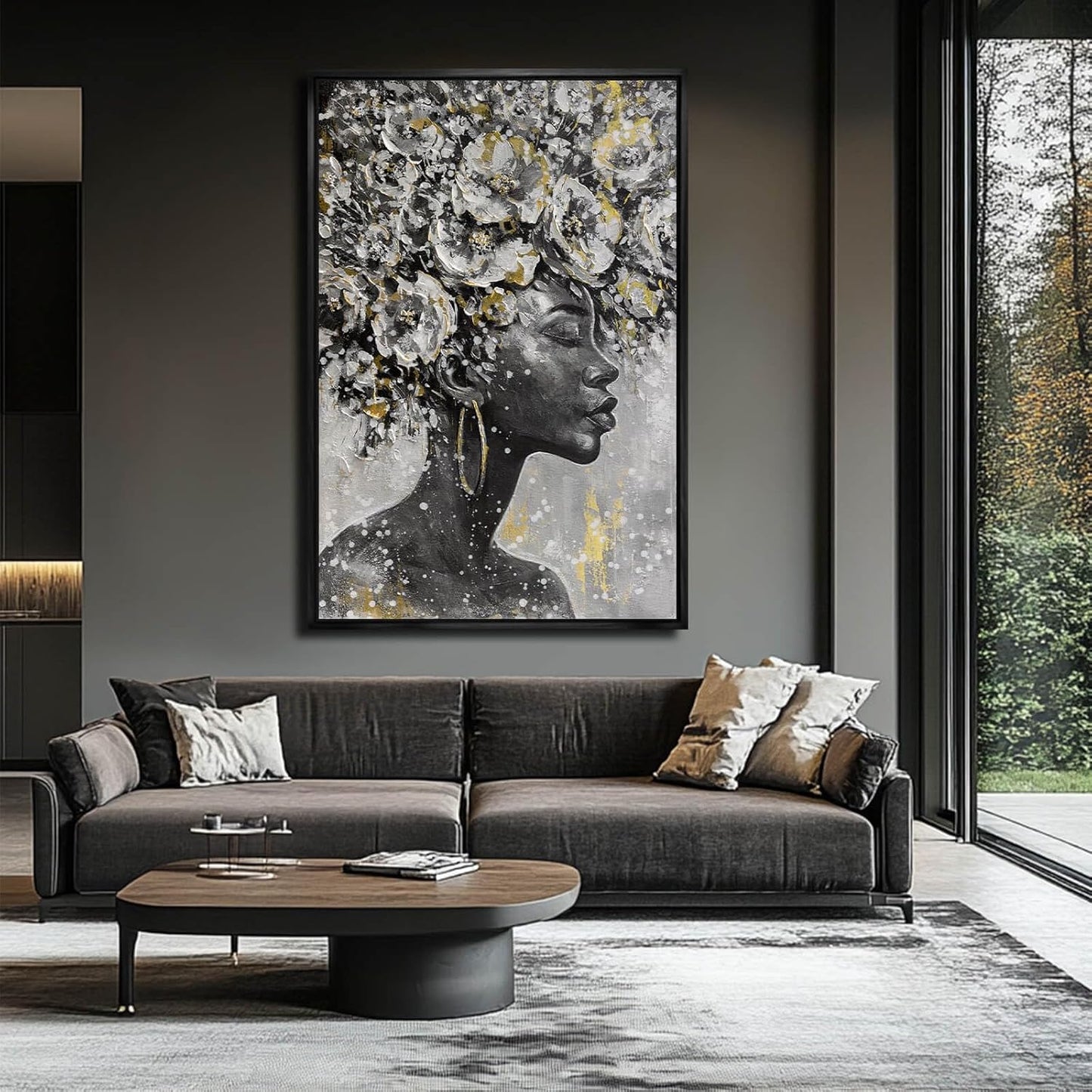 Large Black and Gold African American Wall Art with Framed Black Woman Office Bedroom Living Room Poster Home Hanging Decor 32x48 Inch