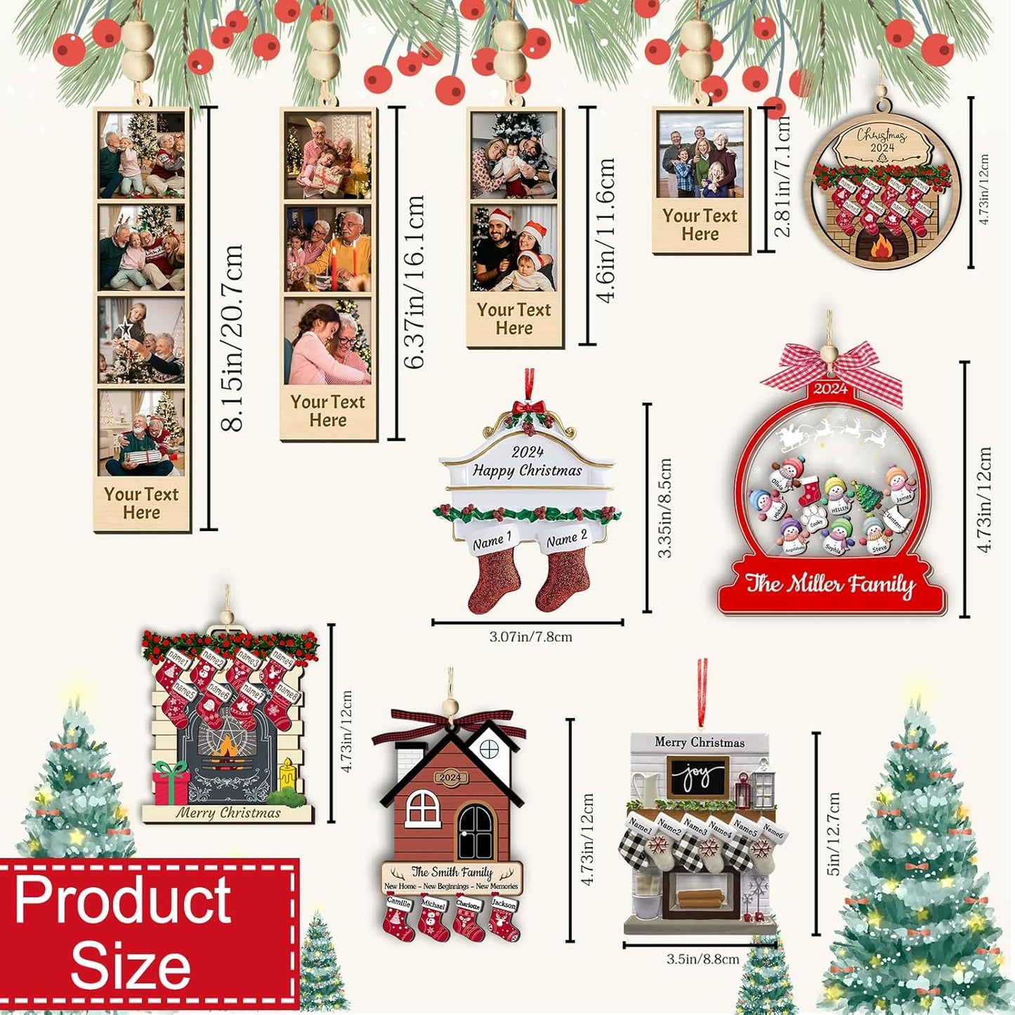 Personalized Christmas Ornaments with Names of 2/3/4/5/6/7/8 Custom Family Ornament Customized Xmas Tree Hanging Ceramic Decoration Gift Stocking
