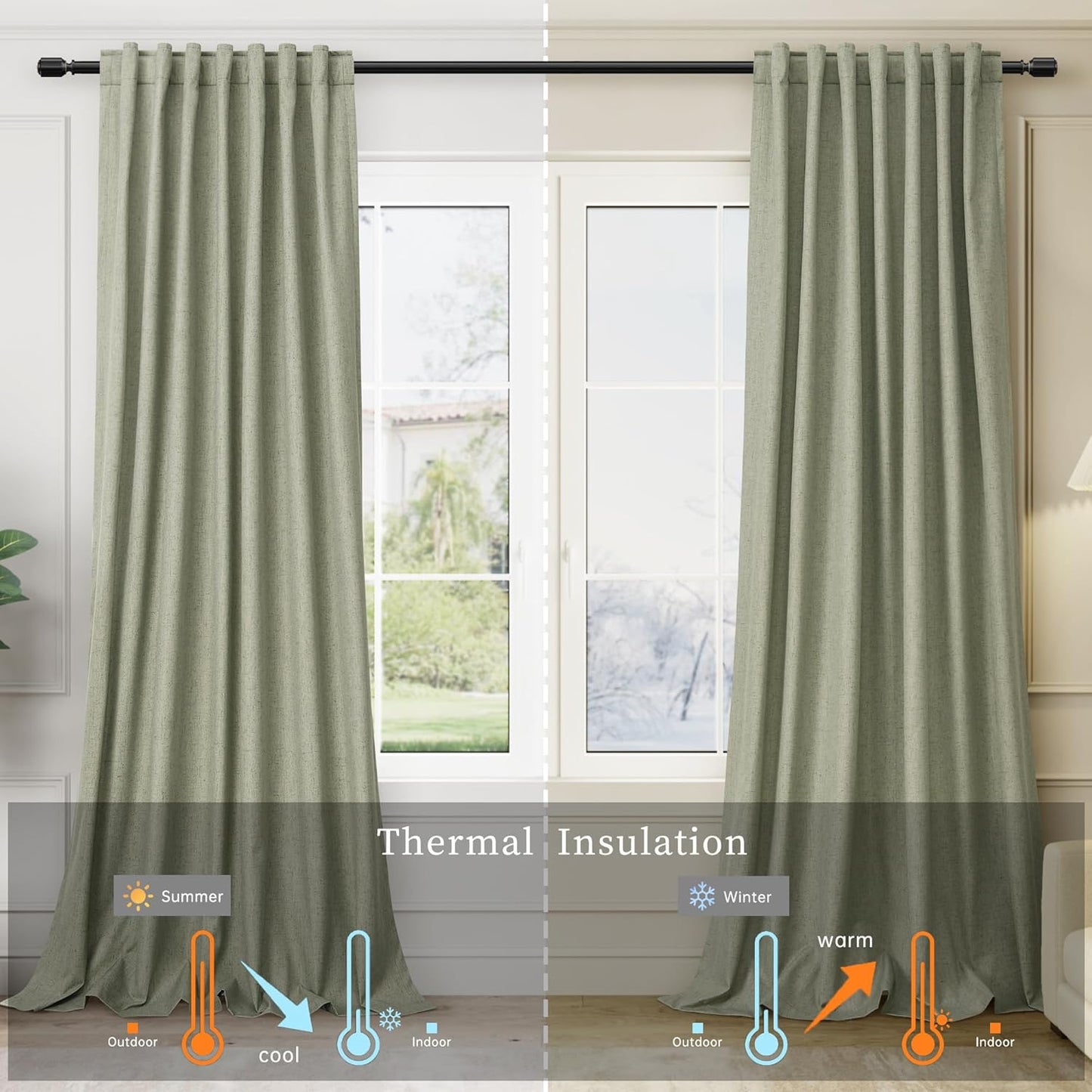 BOODII Sage Green 102 Inch Long Curtains Blackout for Bedroom Thermal Insulated Back Tab 100% Block Out Nursery Curtains 2 Panels Set Modern Aesthetic Linen Curtain Light Heat Blocking Room Darkening