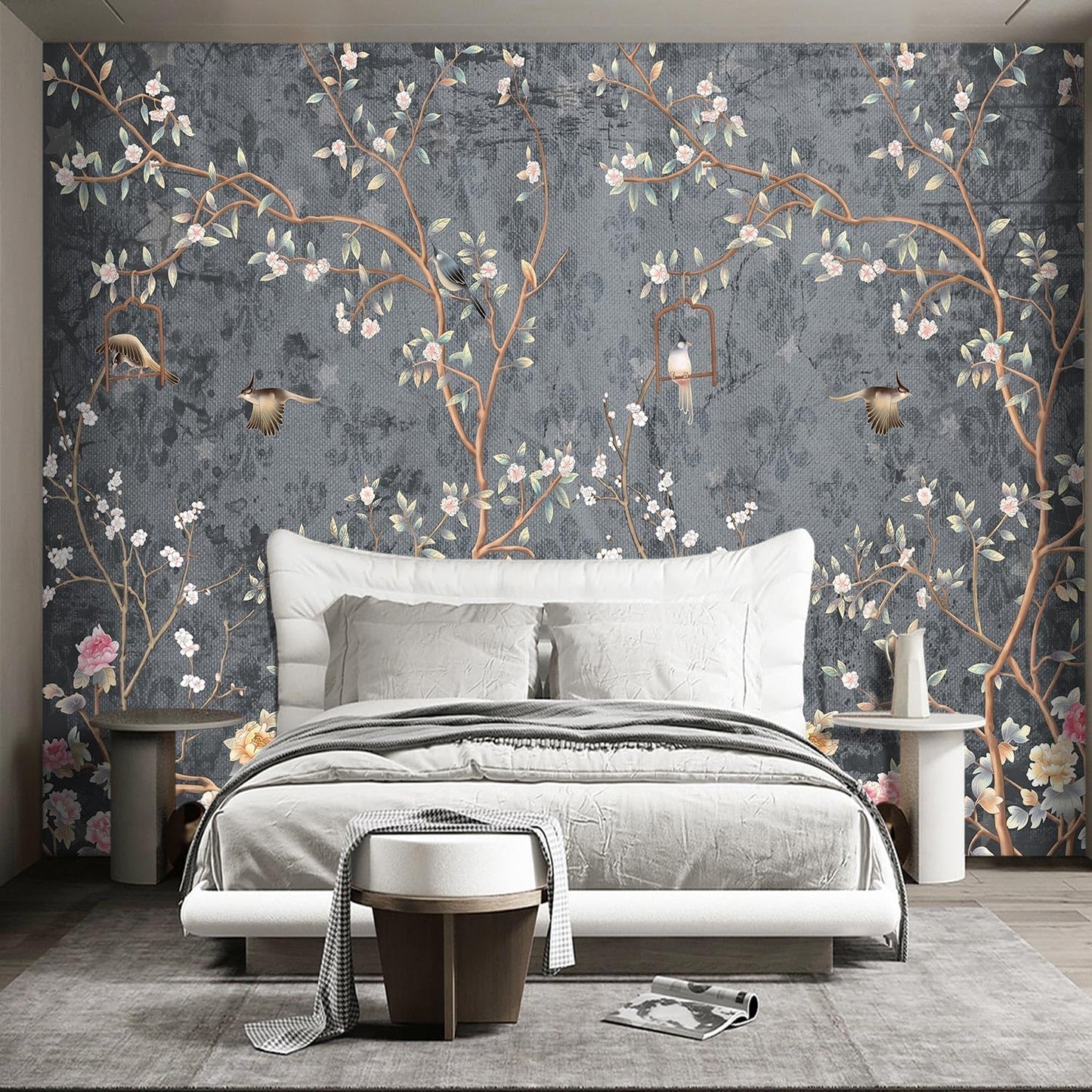 Grey Retro Floral wallpeper Living Room Bedroom Chinese Style Flower Bird Wall Mural - 91"x65"（Not Peel and Stick）