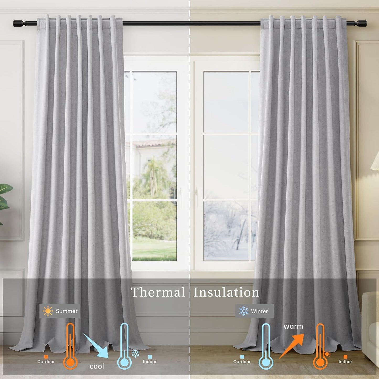 Light Grey Linen Blackout Curtains 72 Inches Long 2 Panels Set Back Tab Rod Pocket 100% Black Out Room Darkening Window Curtains Noise Reducing Gray Linen Textured Modern Heat Blocking Drapes 52x72