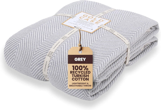 Gold Case Throw Blanket for Bed – 100% Recycled Turkish Cotton Bed Blanket – Decorative Throw Cotton Blankets for Living Room & Bedroom – Woven Twin Blankets - 71x90 - Elegant Grey