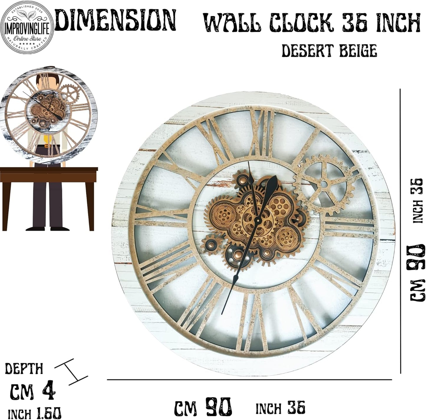 The Gears Clock 36'' Inch Real Moving Gear Wall Clock Vintage Industrial Oversized Rustic Farmhouse (Desert Beige)