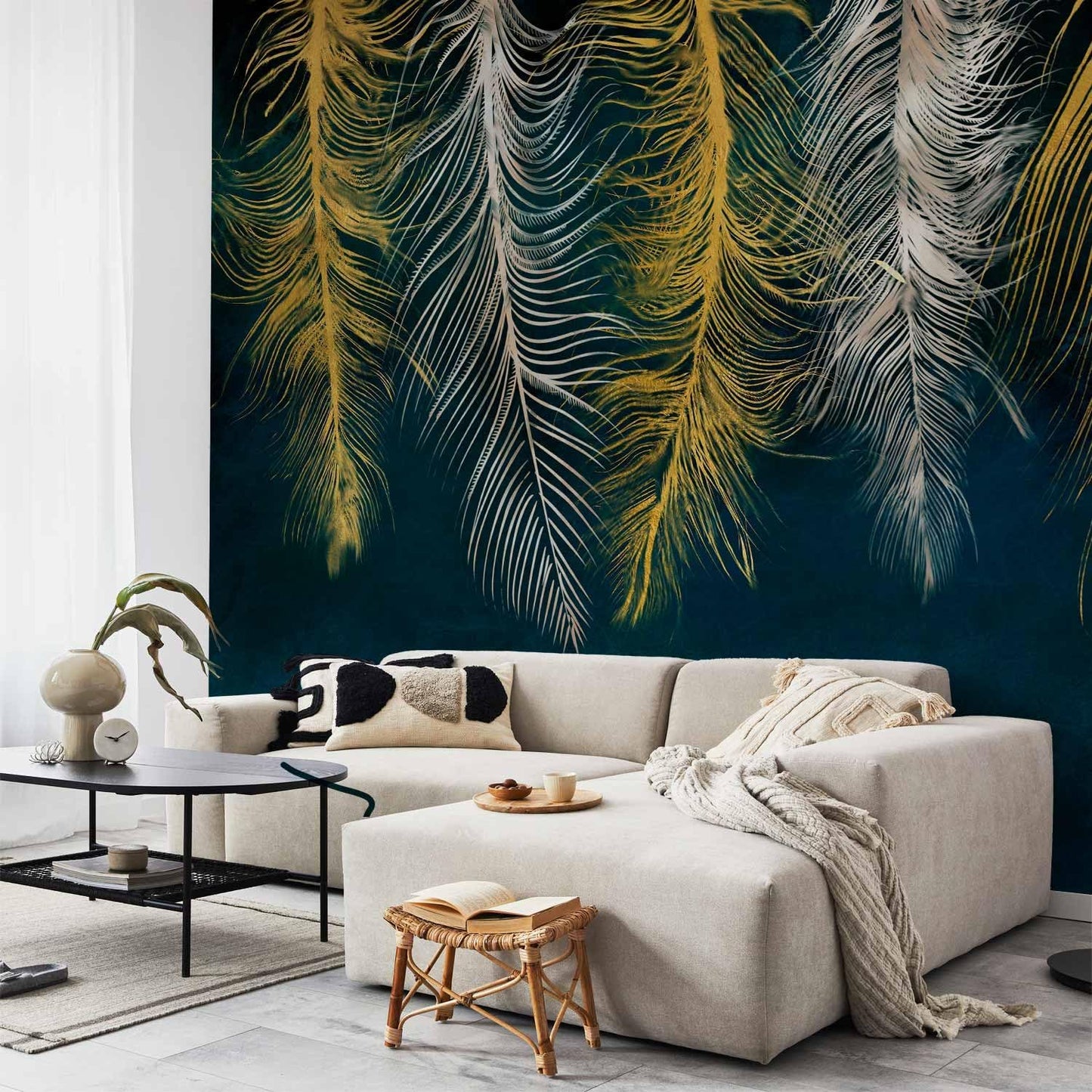 artgeist Wall Mural Feather 154x110 in - XXL Peel and Stick Self-Adhesive Wallpaper Removable Large Sticker Foil Wall Decor Print Picture Image Design Abstract Beige Navy Blue b-A-0812-a-a
