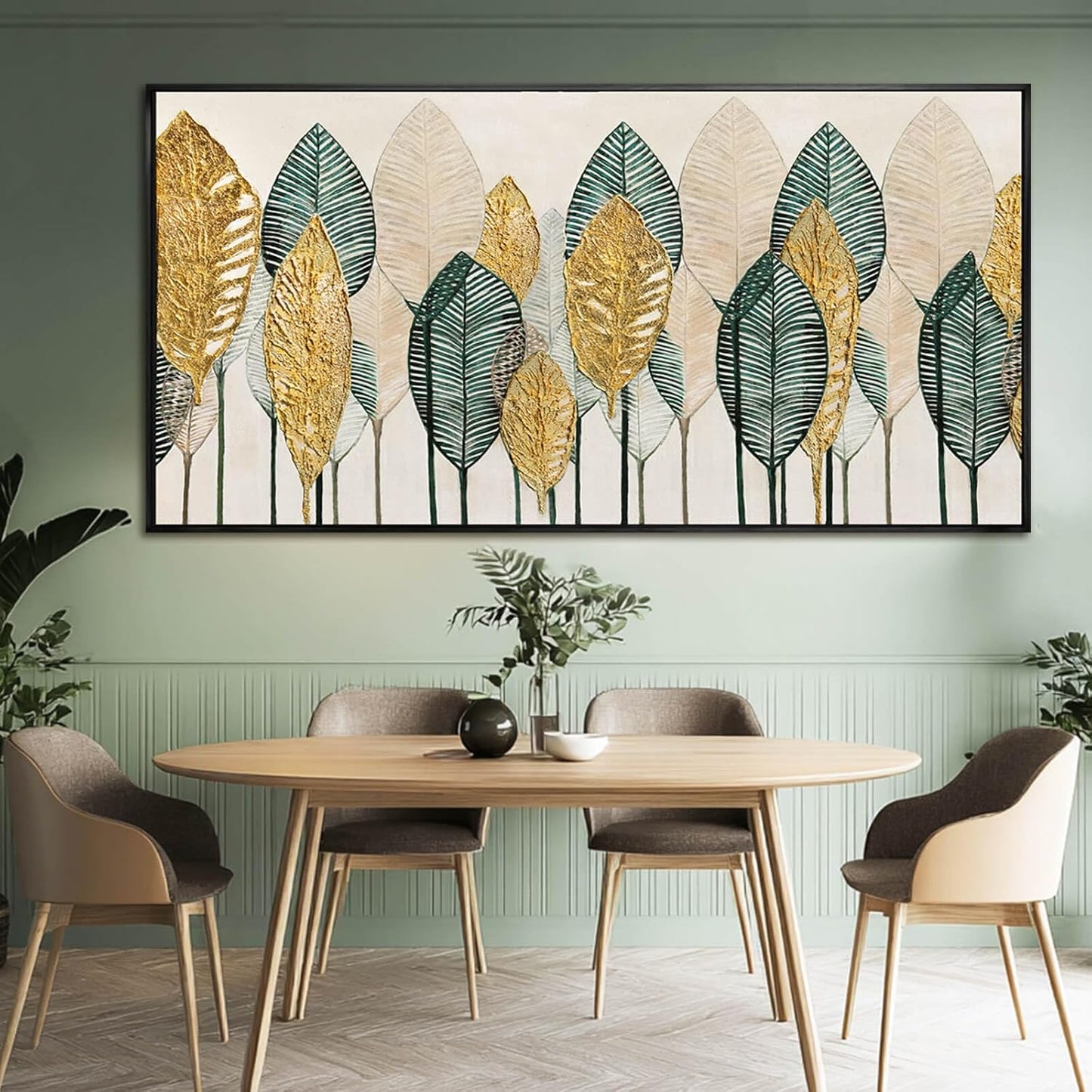 Contemporary Framed Wall Art Green and Gold Wall Decor Leaves Wall Prints Line Wall Posters 29"x58" Living Room Decorations Kitchen Art