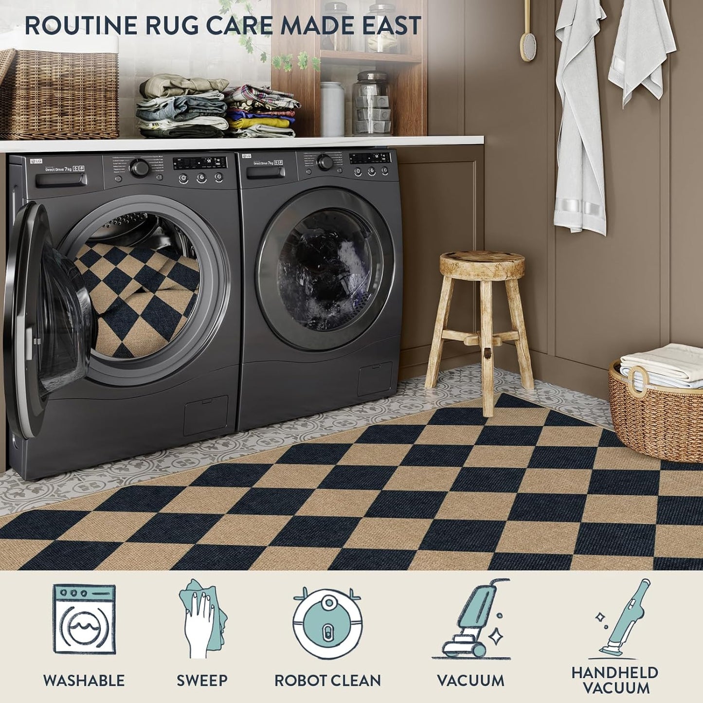 Lahome Checkered Easy Jute Area Rug 8x10, Large Living Room Patio Rug Checkerboard Indoor Outdoor Carpet, Farmhouse Geometric Non Slip Black Carpet for Backyard Dining Room