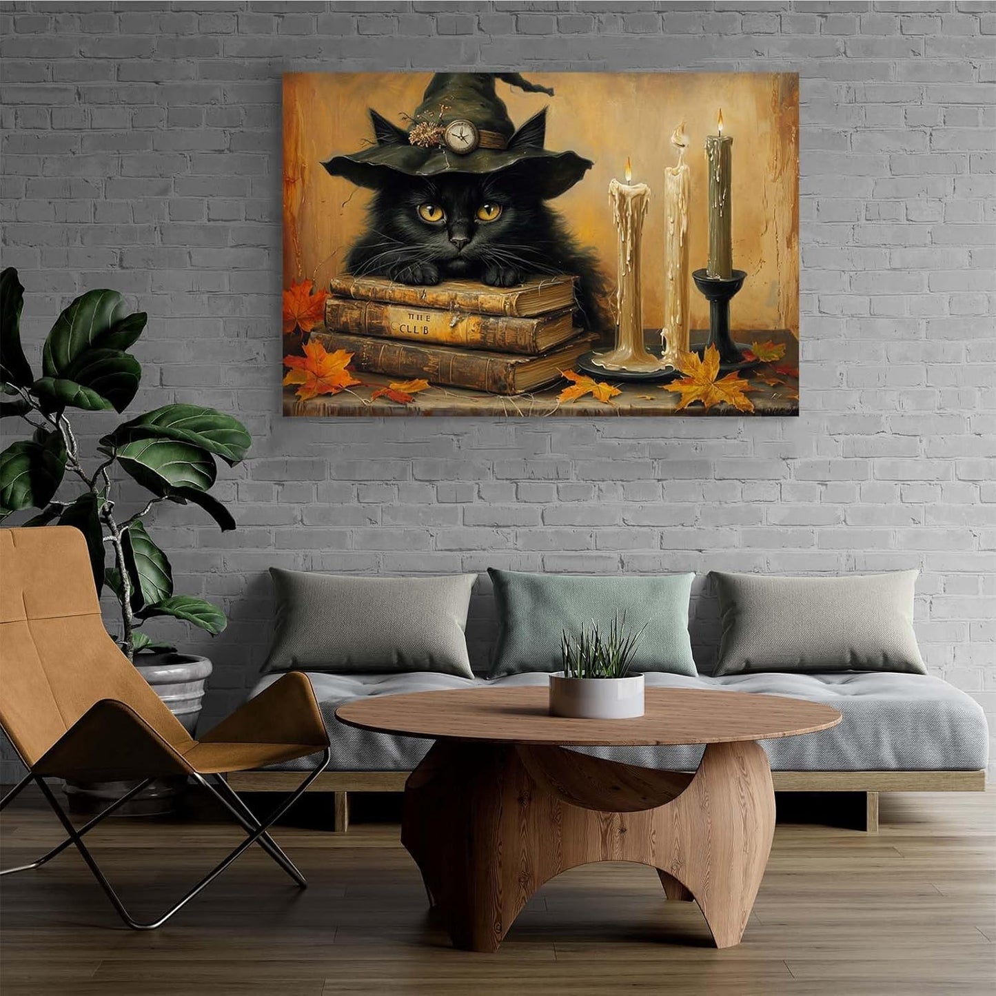 JFHCQJPK Vintage Halloween wall decoration black cat and magic book suitable for home bedroom living room decoration dark classic art witch wall decoration8x12in Frameless