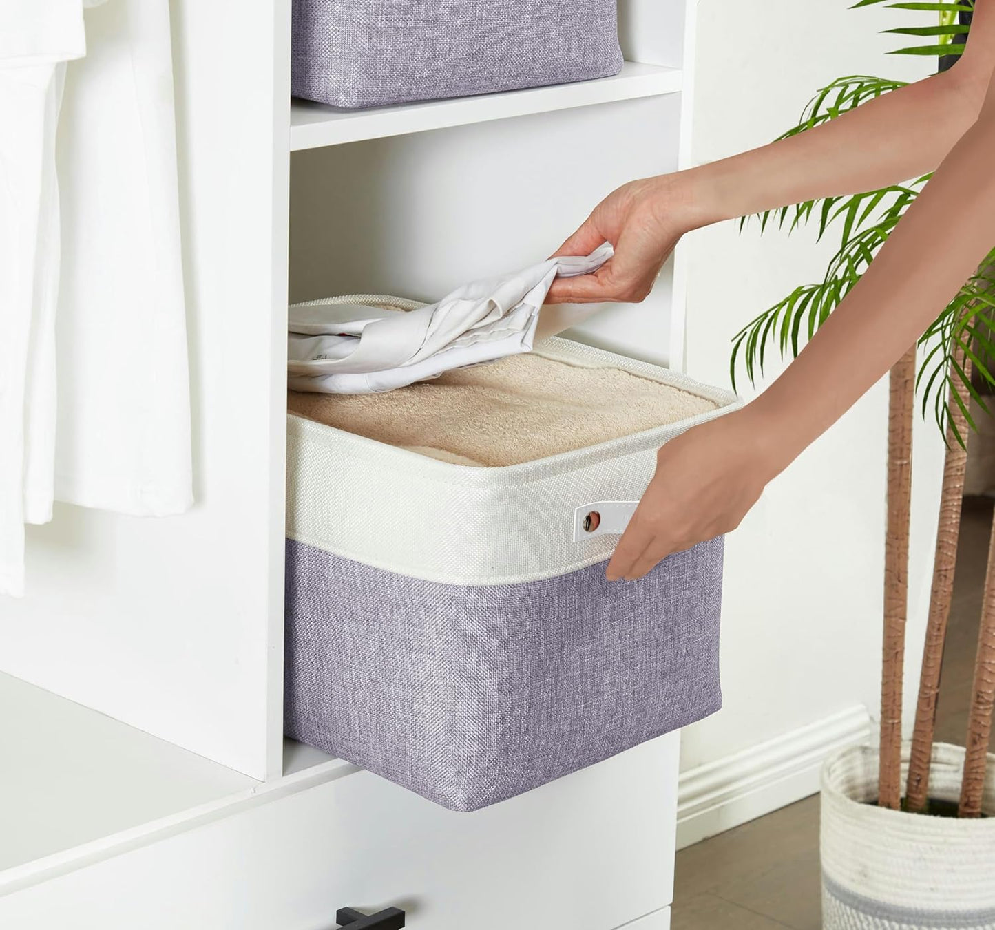 DECOMOMO Storage Bins Fabric Storage Baskets for Shelves, Linen Closet Organization Toys Nursery (Purple and White, Large - 3 Pack)